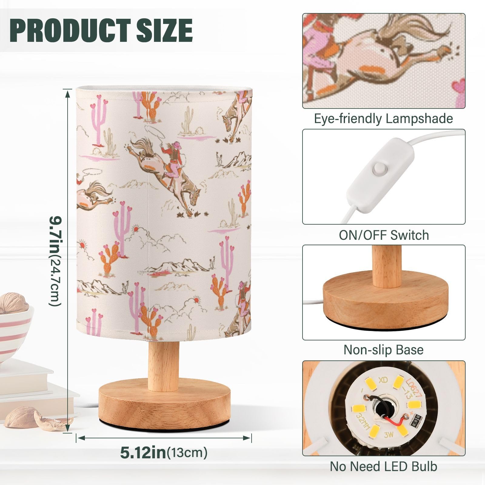 Goodold Cute Rodeo Cowgirl Led Table Lamp - Modern Minimalist Bedside Lamp With Round Flaxen Fabric Shade For Nightstand, Perfec