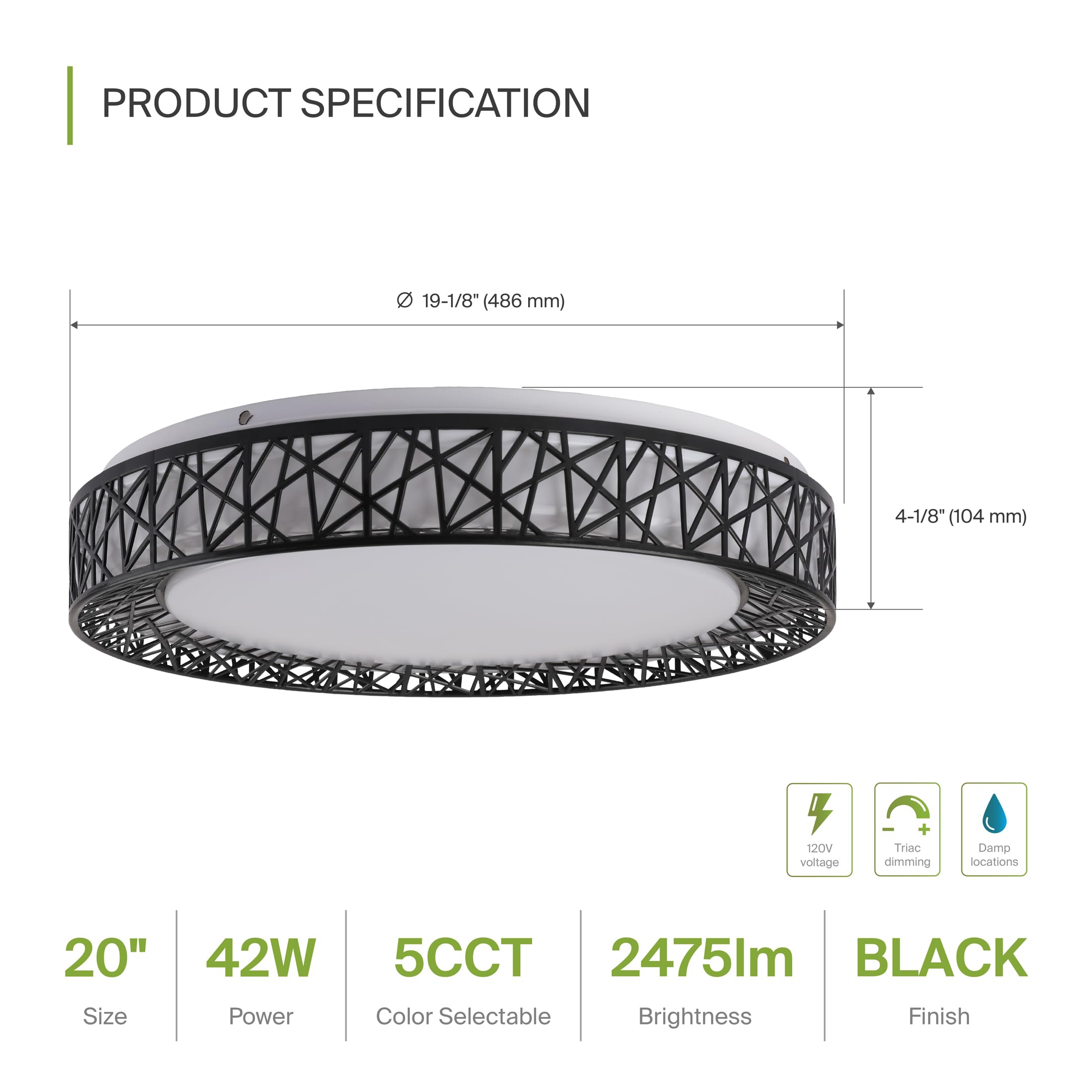 ASD LED Flush Mount Ceiling Light 42W 2475LM Dimmable 20in Matte Black 2 Pack A-LOFT-FM-20D42BK-2p