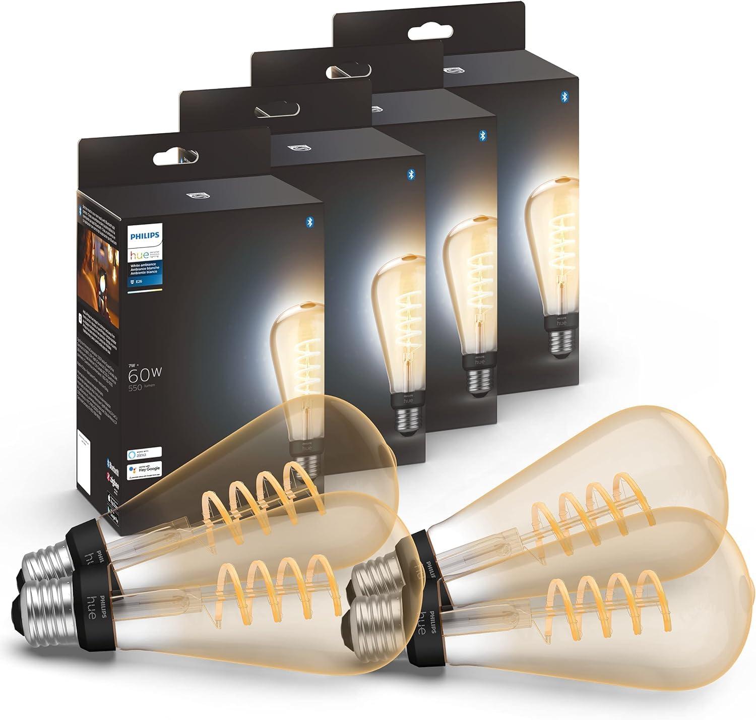 Philips Hue Smart 60W St23 Filament Led Bulb - White Ambiance Warm-To-Cool White Light - 4 Pack - 550Lm - E26 - Indoor - Control