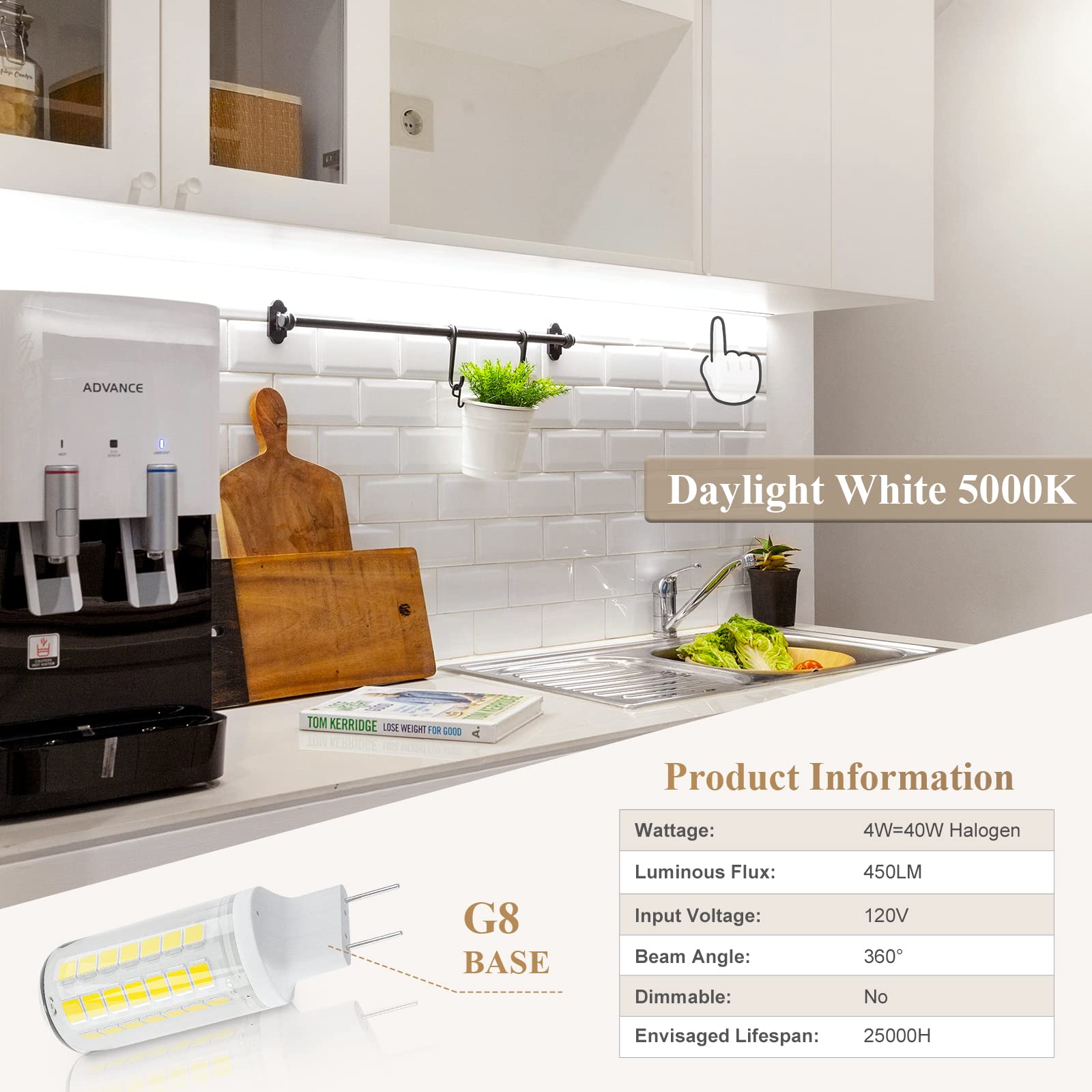 DiCUNO G8 LED Bulb 4W, 450LM, Daylight White 5000K, Non-dimmable, 6-Pack, Bi-Pin Replacement for Under-Counter