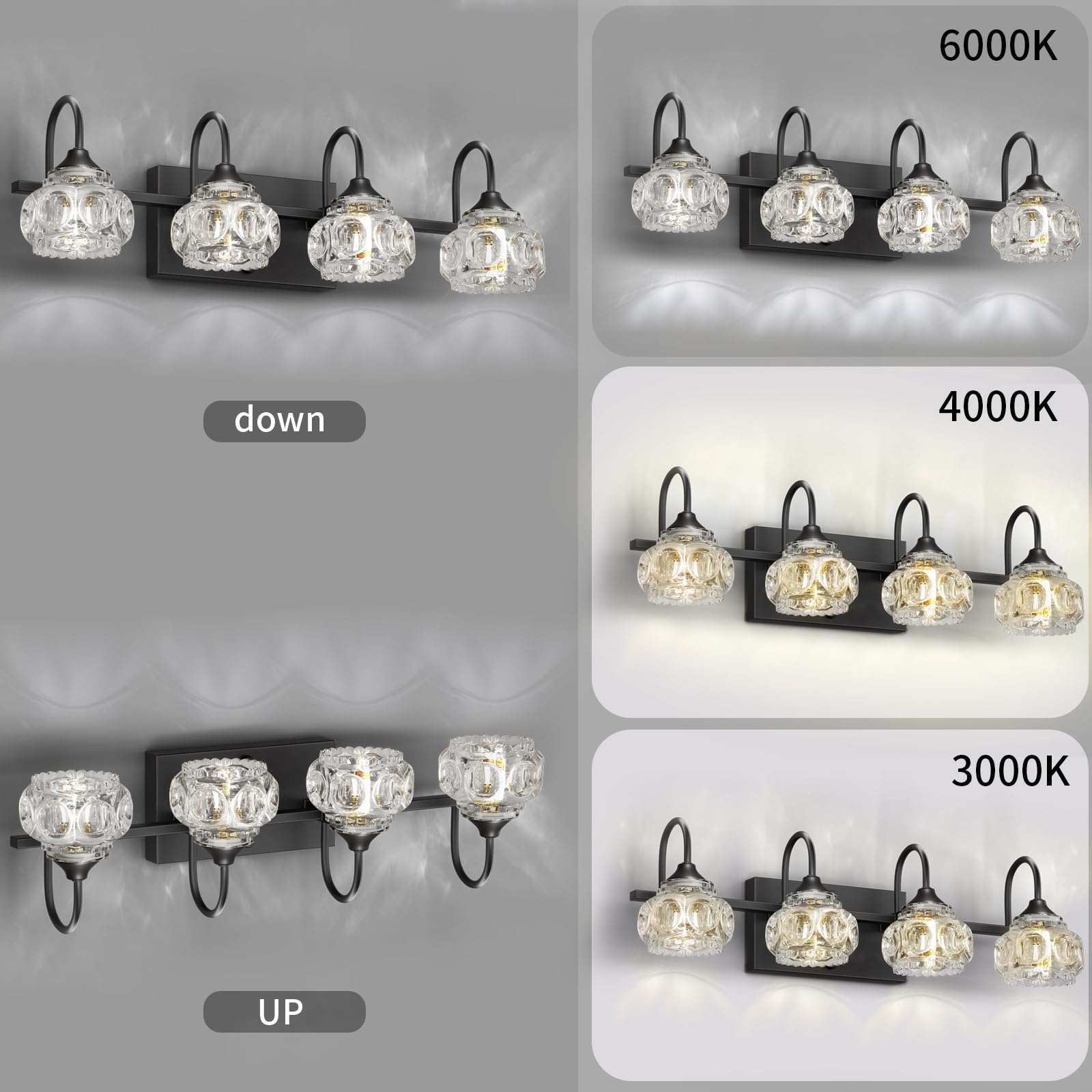 DIKAIDA 4-Light Bathroom Vanity Light, Matte Black Metal with Crystal Glass Shade, Modern Over Mirror Wall Lights