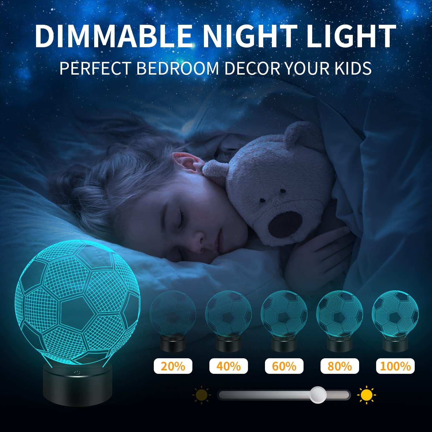 Bassi Soccer Gifts 3D Night Light,16 Colors Changing Touch/Remote Contro, Soccer 3D Illusion Lamp, Birthday Christmas Gifts For