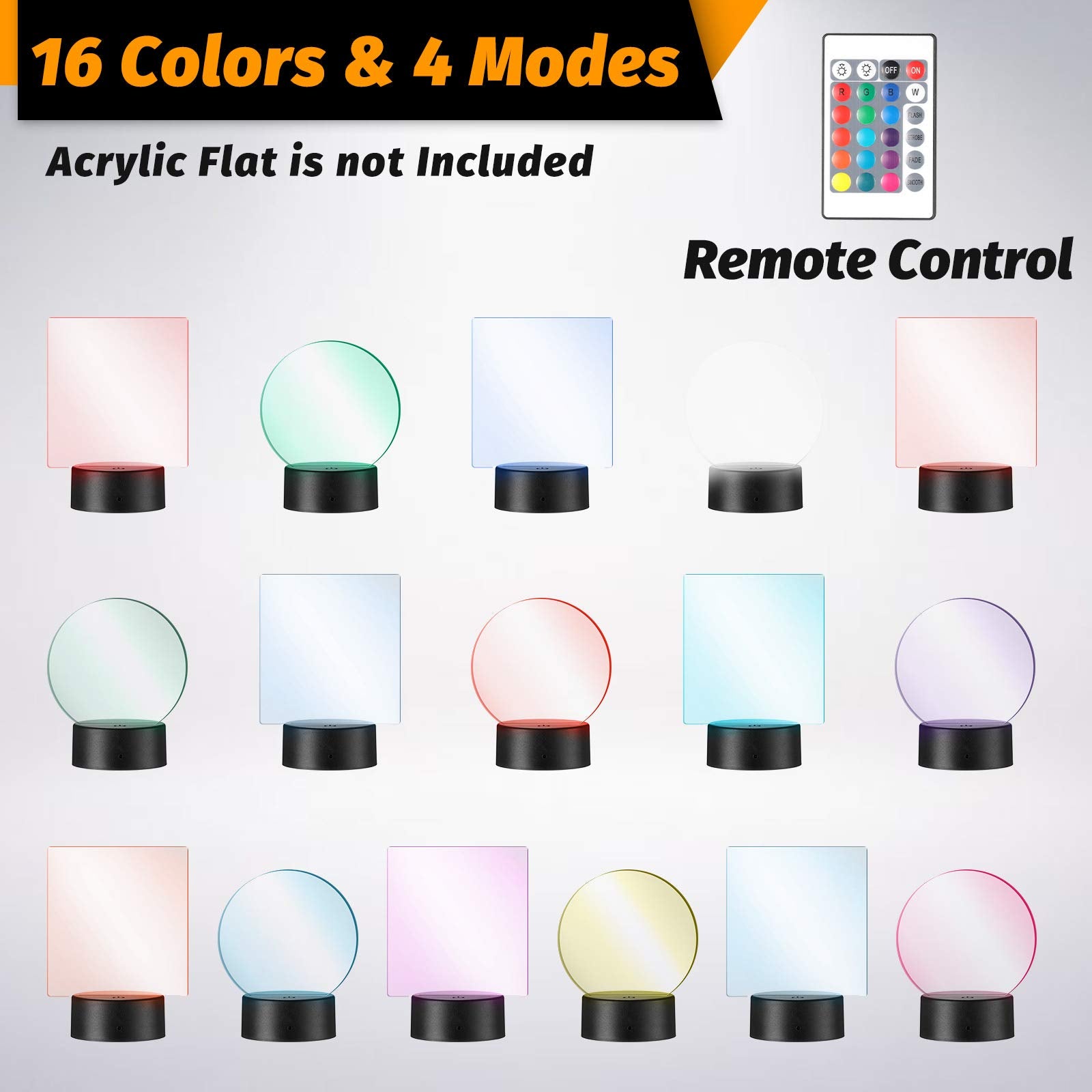 Honoson 3D Night LED Light Lamp Base, 16 Colors, Remote Control, 3.35 Inch, Black, Acrylic, Model Honoson-Room Shop-03