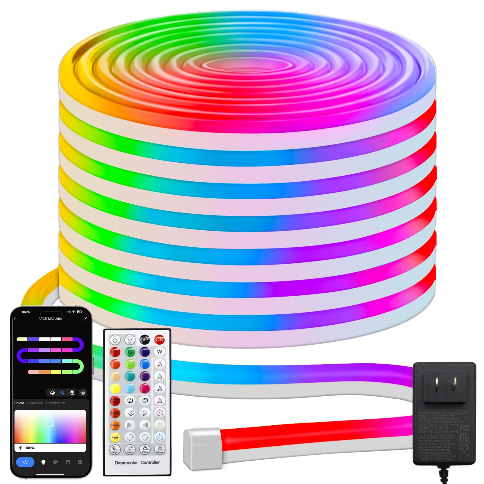 echosari Neon Rope Lights RGB Color Changing IC, 33Ft LED Neon Rope Light Outdoor with Music Sync, 64 Scene Modes for Bedroom Pa