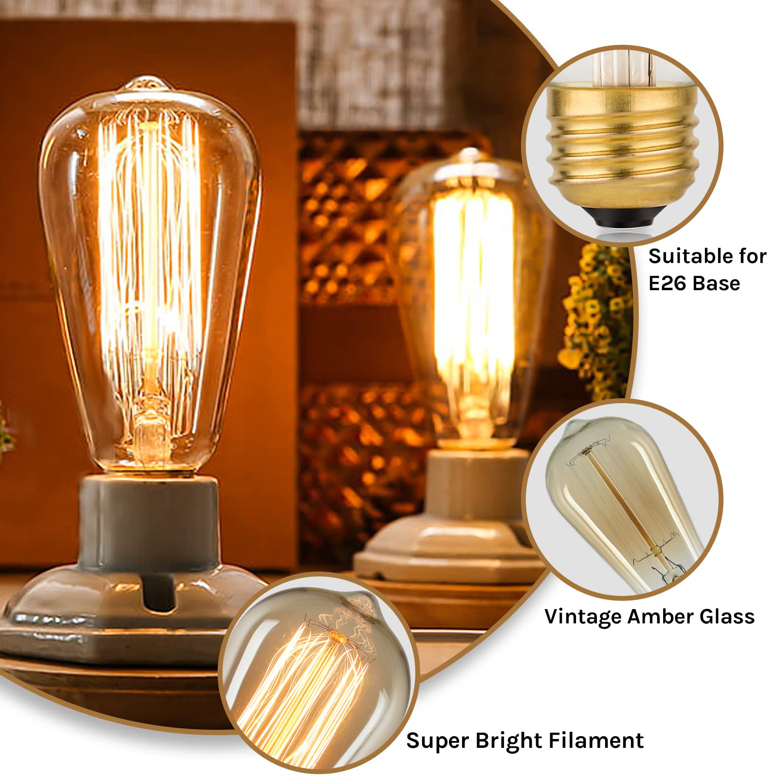 60 Watt Incandescent Edison Light Bulbs, Vintage Dimmable E26 Bulbs, St58 2200K Warm White Antique 260Lm E26 Medium Screw Base A