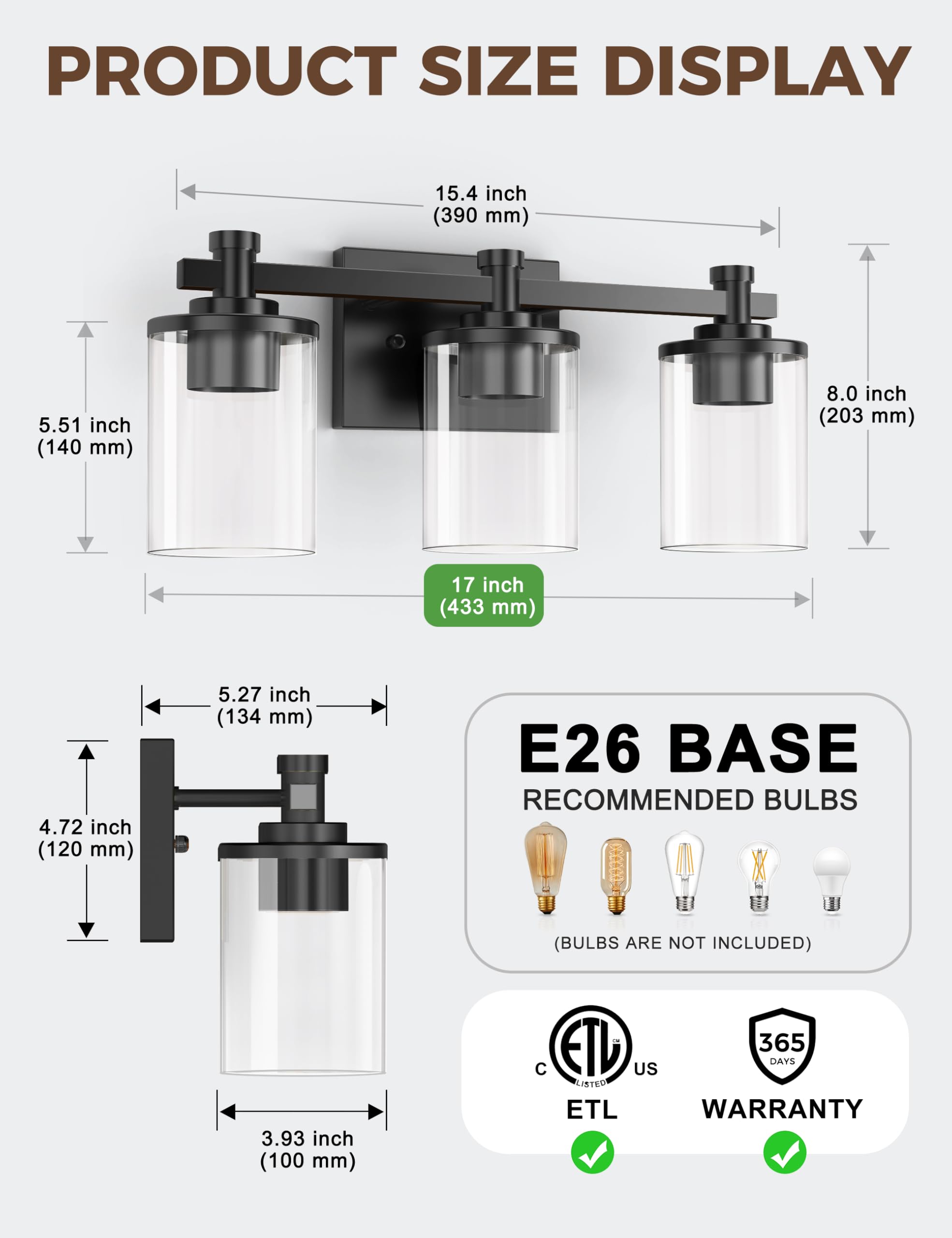 L Lohas Led Bathroom Vanity Light  3-Light Modern Black Wall Sconce Lighting With Clear Glass Shade  Lighting Fixtures Over Mirror  Vanity Light 17In