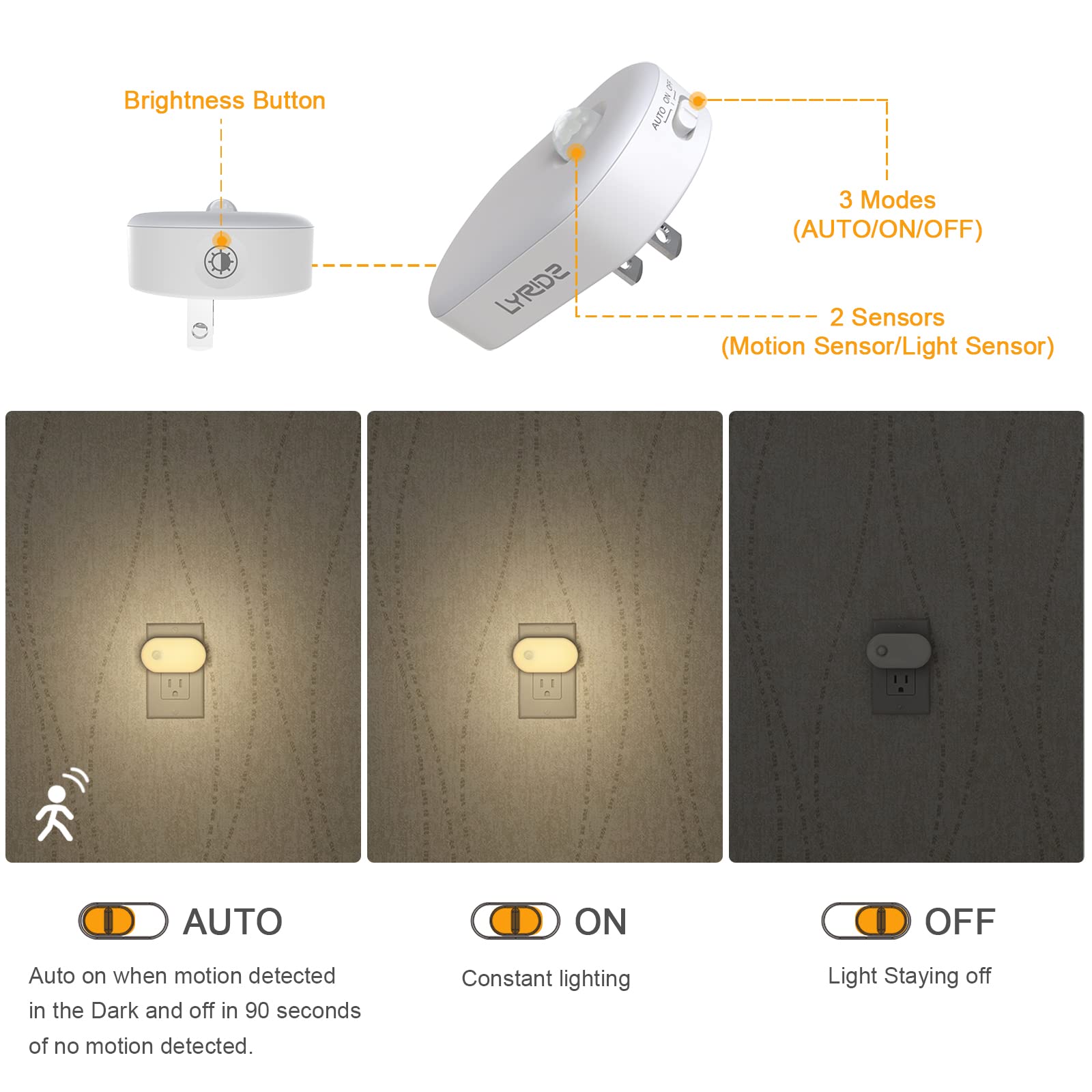Lyridz Plug-In Night Light With Motion Sensor, 1-120 Lm Stepless Adjustable Brightness Led Nightlights For Bathroom, Bedroom, Ha