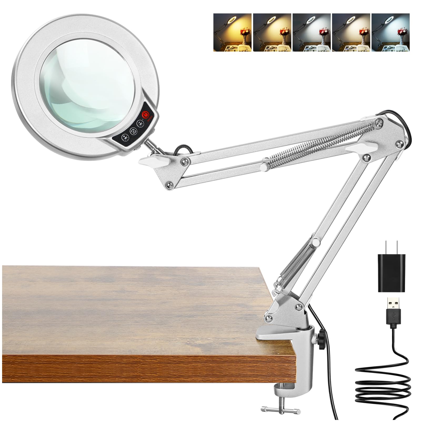 10X Magnifying Glass with Light and Clamp, Real Glass Stand Lighted Magnifier, 5 Color Modes Stepless Dimmable LED Desk Lamp Han