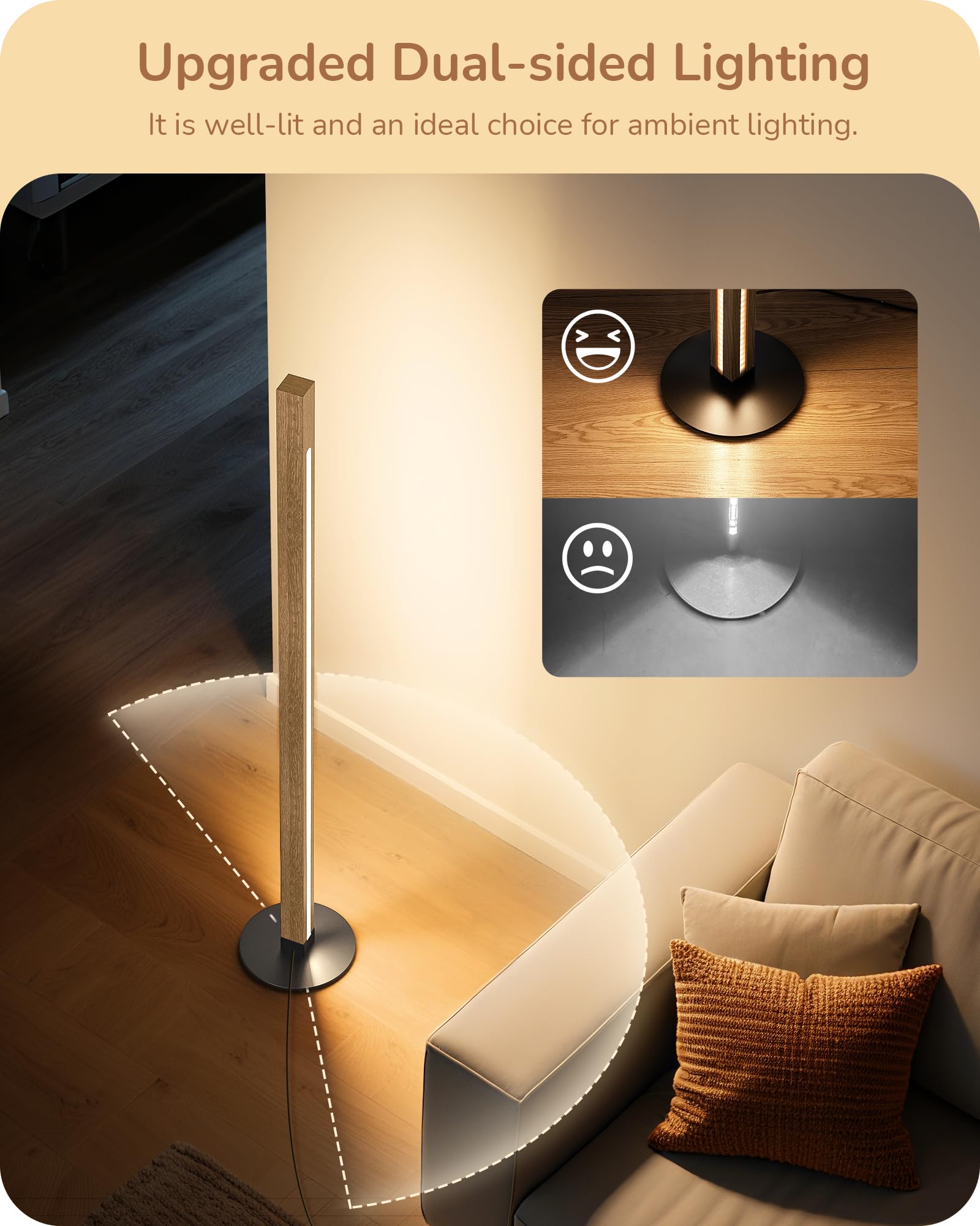 EDISHINE Corner Floor Lamp, Dual-Sided Lighting, Wooden, Dimmable, Remote/Foot Control, Model HLFL12C1, Natural Wood