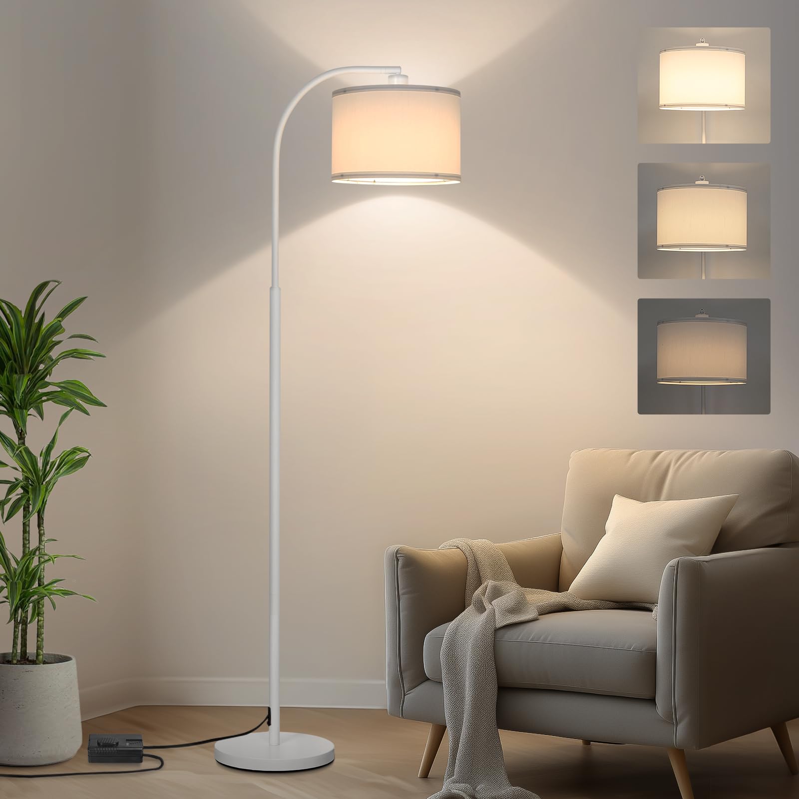 Floor lamps for Living Room, White Arc Floor Lamp with Stepless Dimmer, Modern Standing Lamp with Adjustable Drum Shade, Tall Po