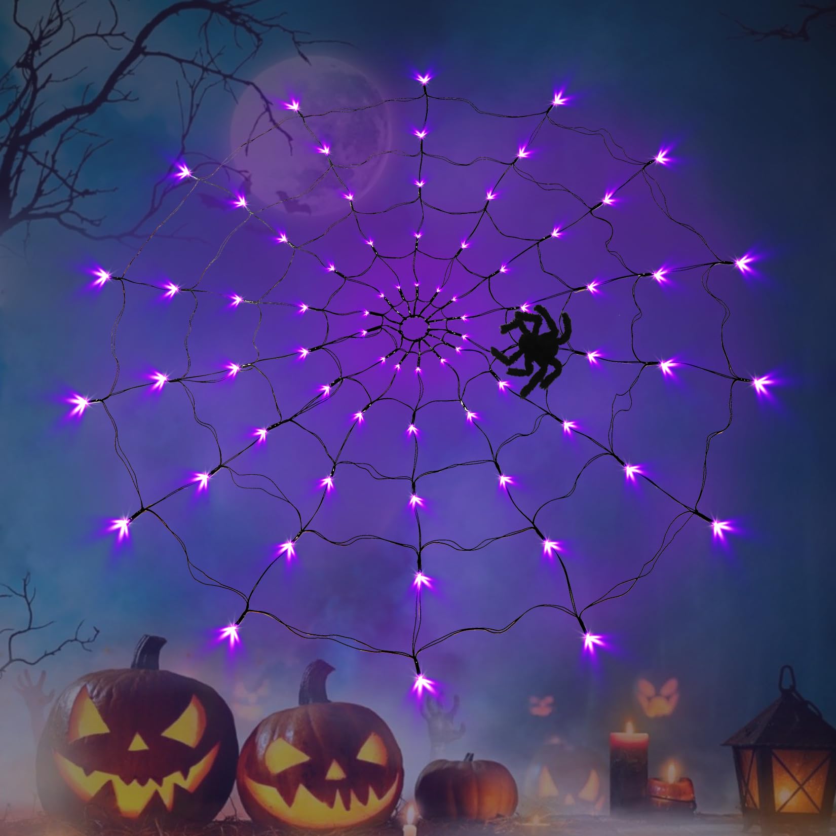 Sunmile Halloween Decorations Outdoorspider Web Lights - 4Ft Diameter 90Led With Black Spider, Waterproof Net Lights, Remote Con