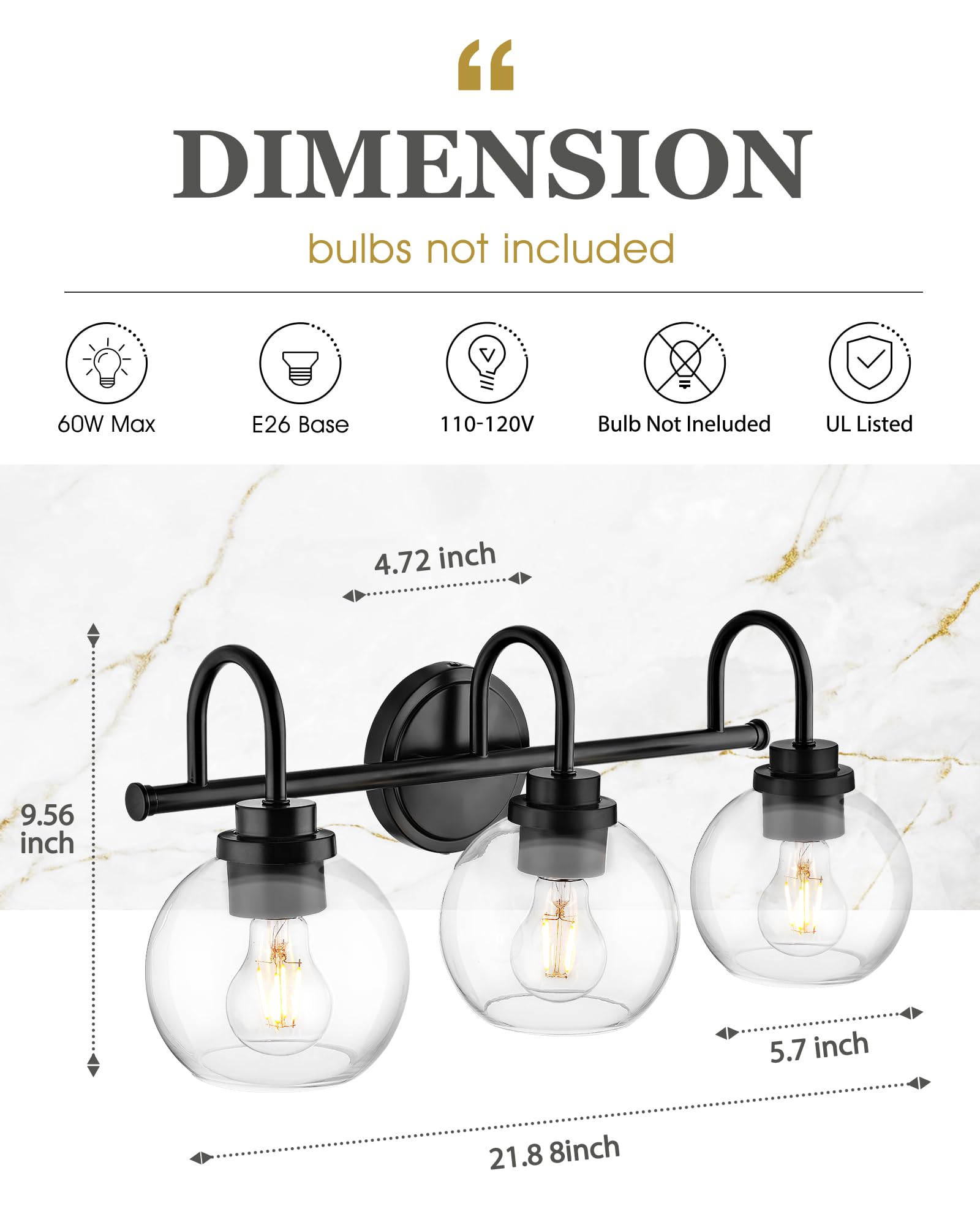 Audickic Bathroom Light Fixtures, 3-Light Matte Black Vanity Lights With Globe Clear Glass, Modern Vanity Lighting Fixtures Over Mirror, Ad-22280-3W-Bk