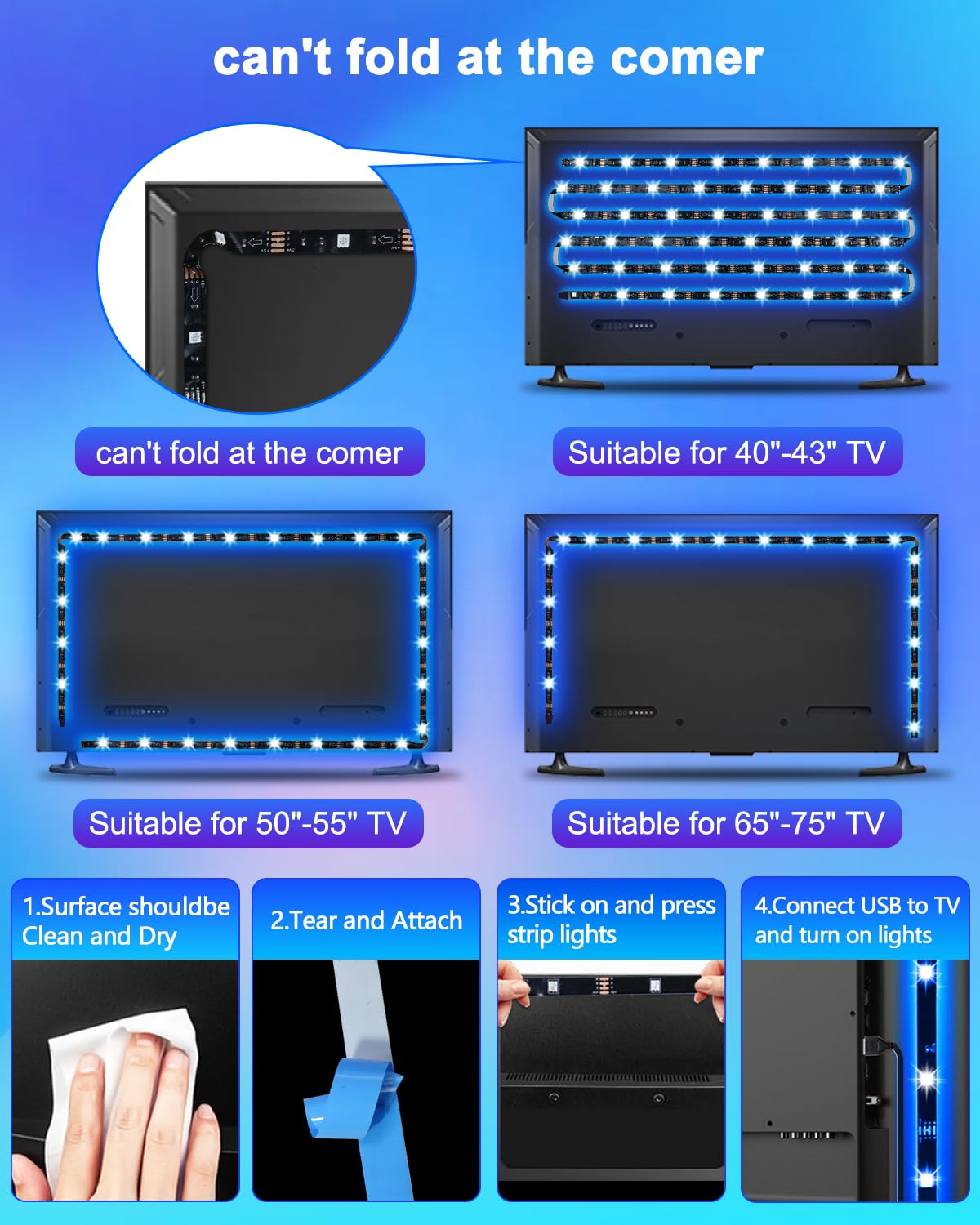 Daymeet Led Tv Backlight, 13.1Ft Usb Rgb Light Strip With Remote, Music Sync For 40-65 Inch Tvs, Solid Colors, Copper Material