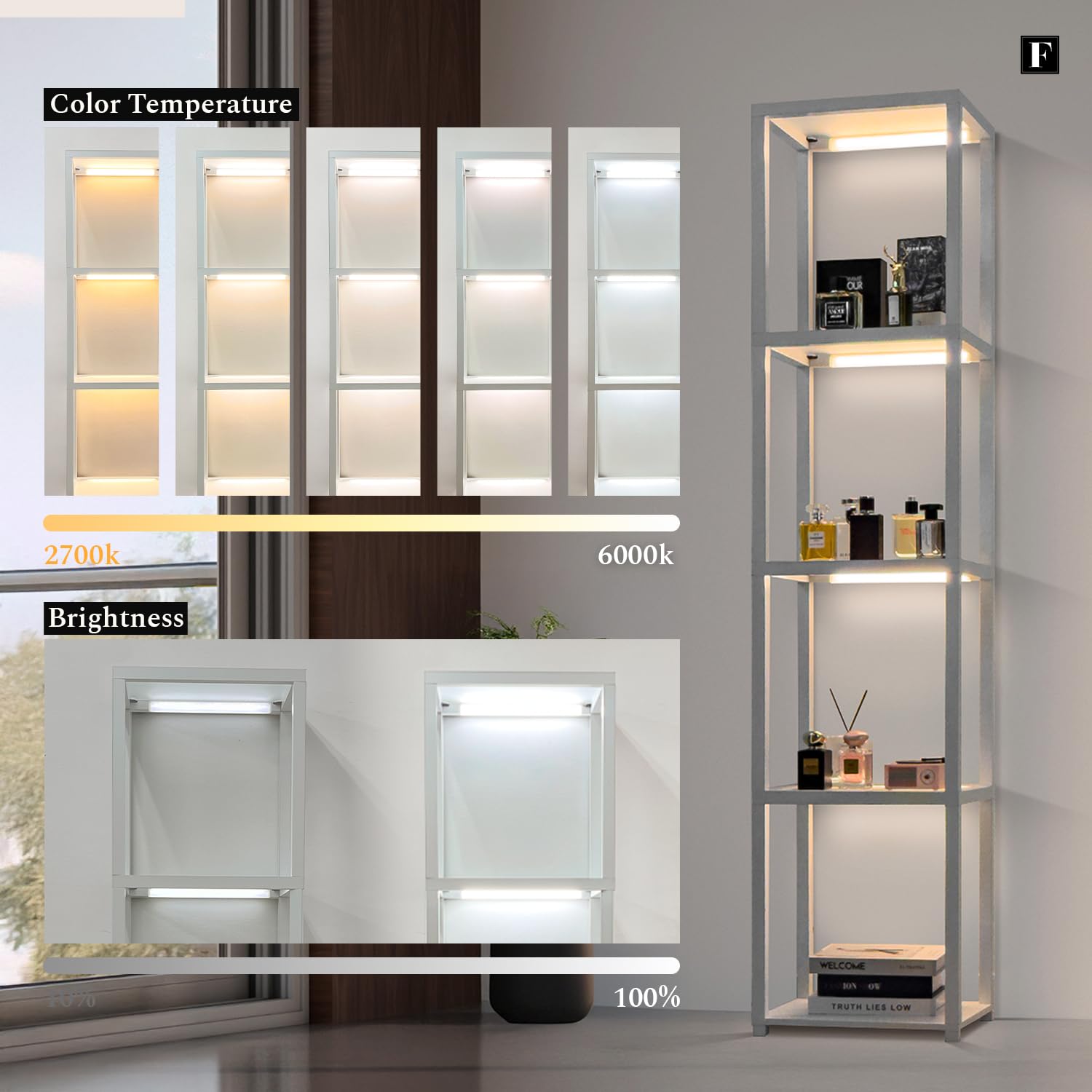 Fenlo Led Display Shelf Unit - Dimmable Lighted Furniture For Bedroom, Living Room, Or Office - Glass Curio Cabinet Shelf Lamp W