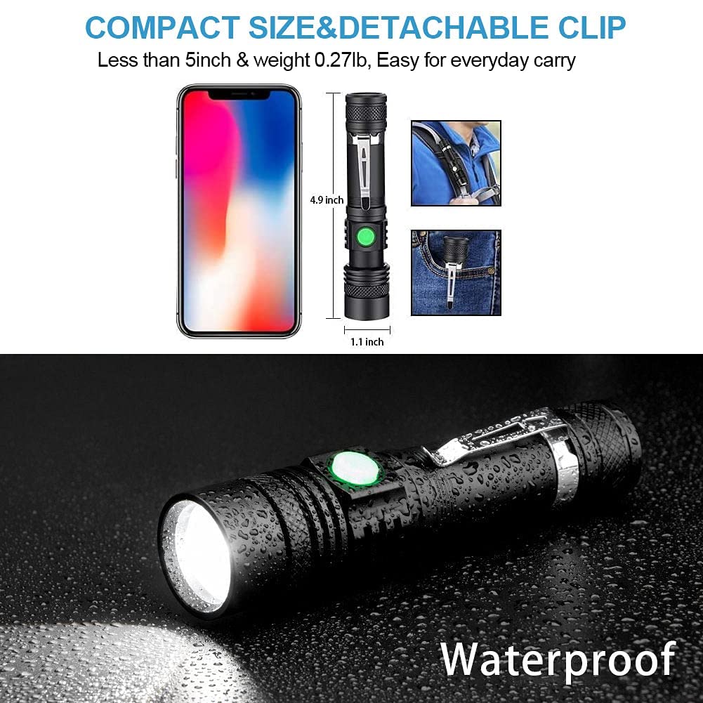 Hoxida Led Tactical Flashlight, Super Bright Led Flashlight Rechargeable 2000 High Lumen, Pocket-Sized Led Torch With Clip, Ipx6