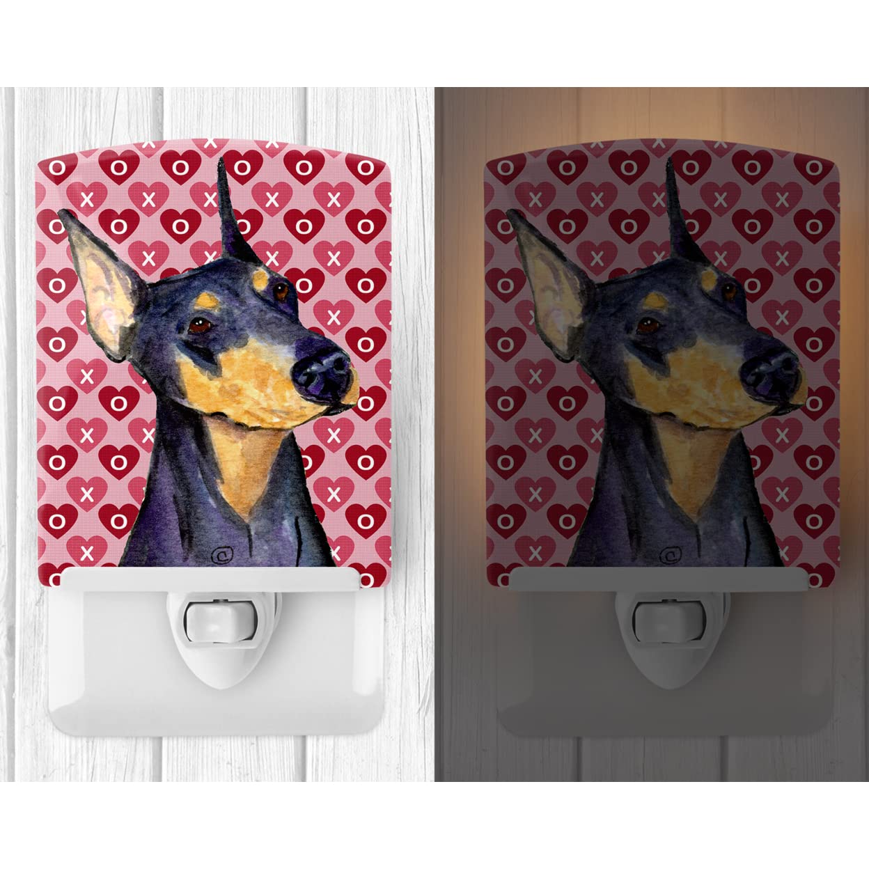Caroline'S Treasures Ss4495Cnl Doberman Hearts Love And Valentine'S Day Portrait Ceramic Night Light Compact, Ul-Certified, Ideal For Bedroom, Bathroom, Nursery, Hallway, Kitchen, 6X4X3, Multicolor