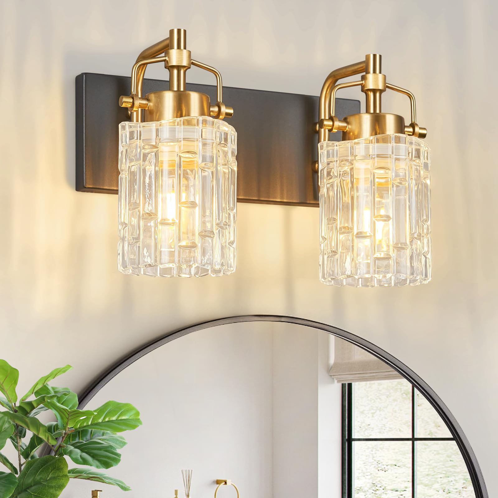 BNHHLZ Modern 2-Light Vanity Light - Black Gold Metal Fixtures, Model 4132, Crystal Glass Shade for Bathroom Over Mirror