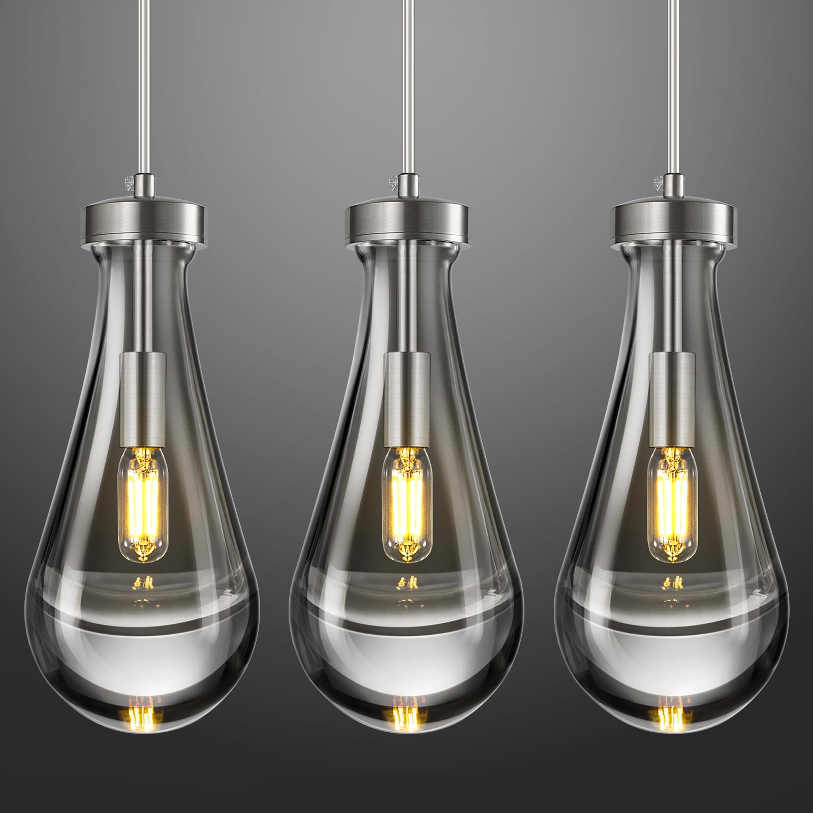 LIANGMH Raindrop Pendant Lights Teardrop Nickel Glass Fixtures 3-Pack