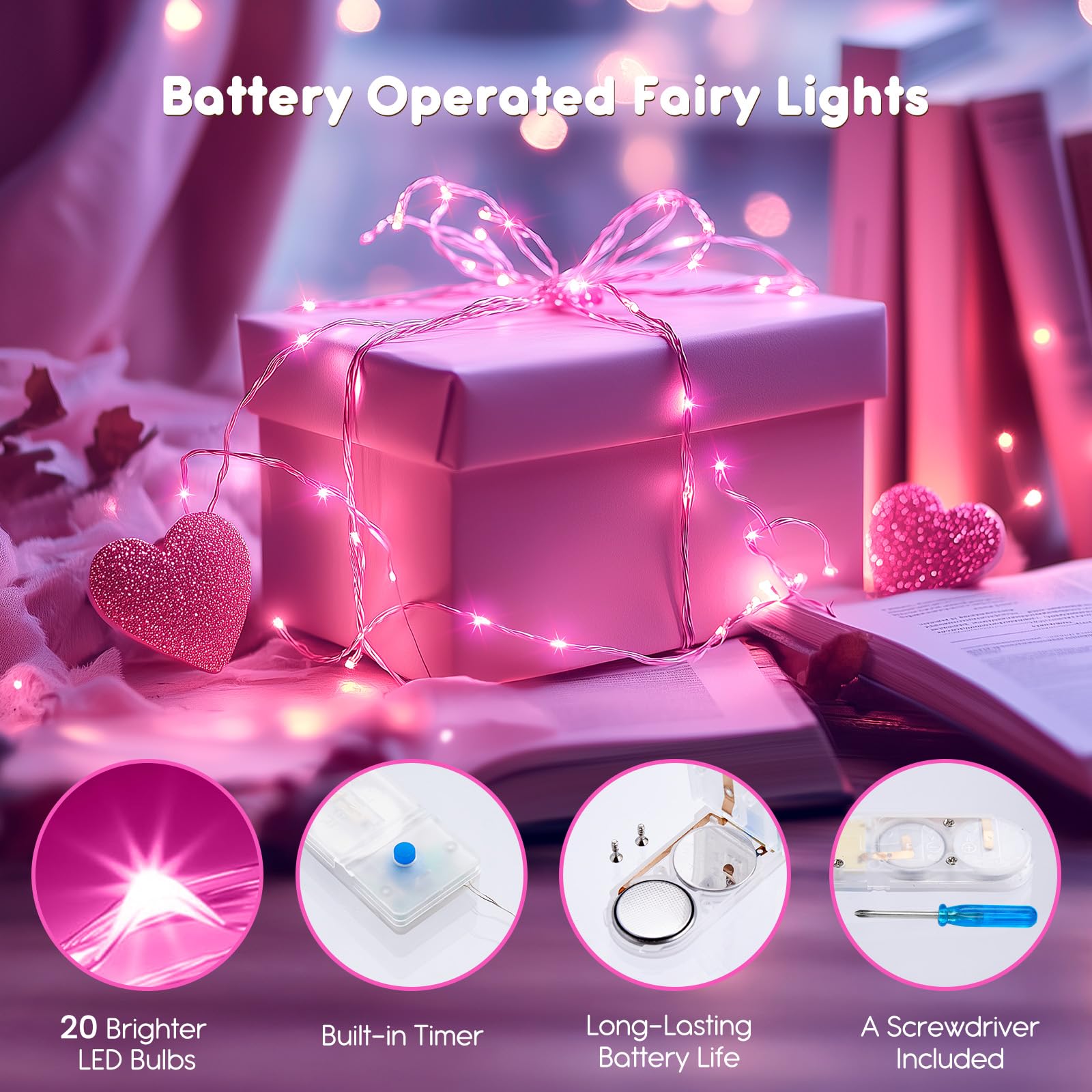 Minetom 12 Pack Fairy Lights Battery Operated String Lights With Timer - 7Ft 20 Led Waterproof Silver Wire Firefly Lights For Valentine’S Day Decor Diy Crafts Wedding Table Centerpieces, Pink