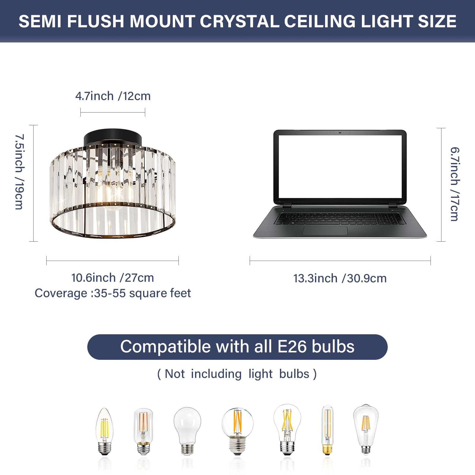 VIOLOEMI Modern Ceiling Light, Black Metal Crystal Fixture, 27CM Semi Flush Mount for Bathroom, Entryway, Bedroom, Kitchen, Living Room