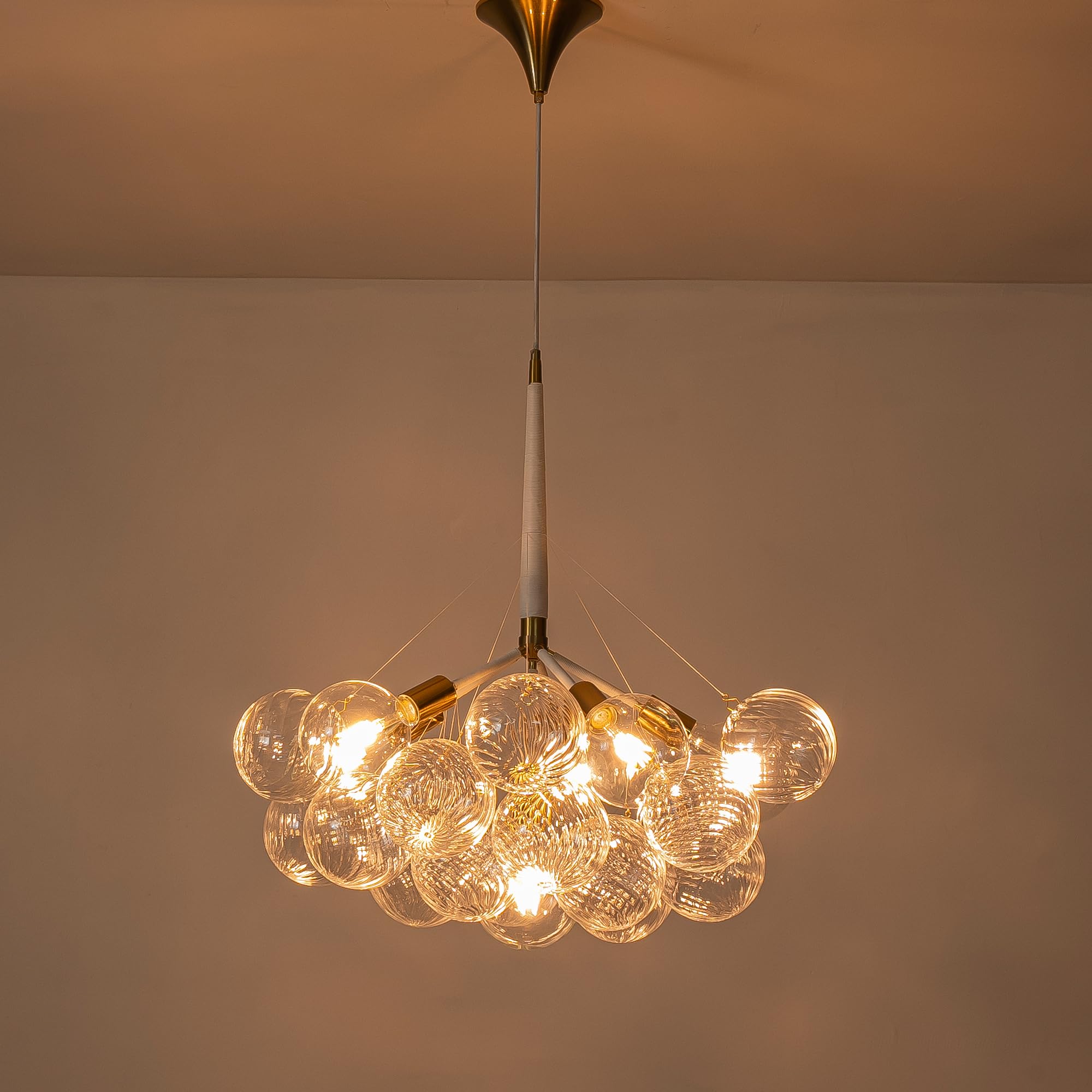 Beypan White Gold Bubble Ball Chandelier 6-Light Dia 24 Inch Mid-Century Blown Glass Light Fixtures Swirled Clear Globe Chandeliers Lighting Pendant For Dining Living Room Entryway Island