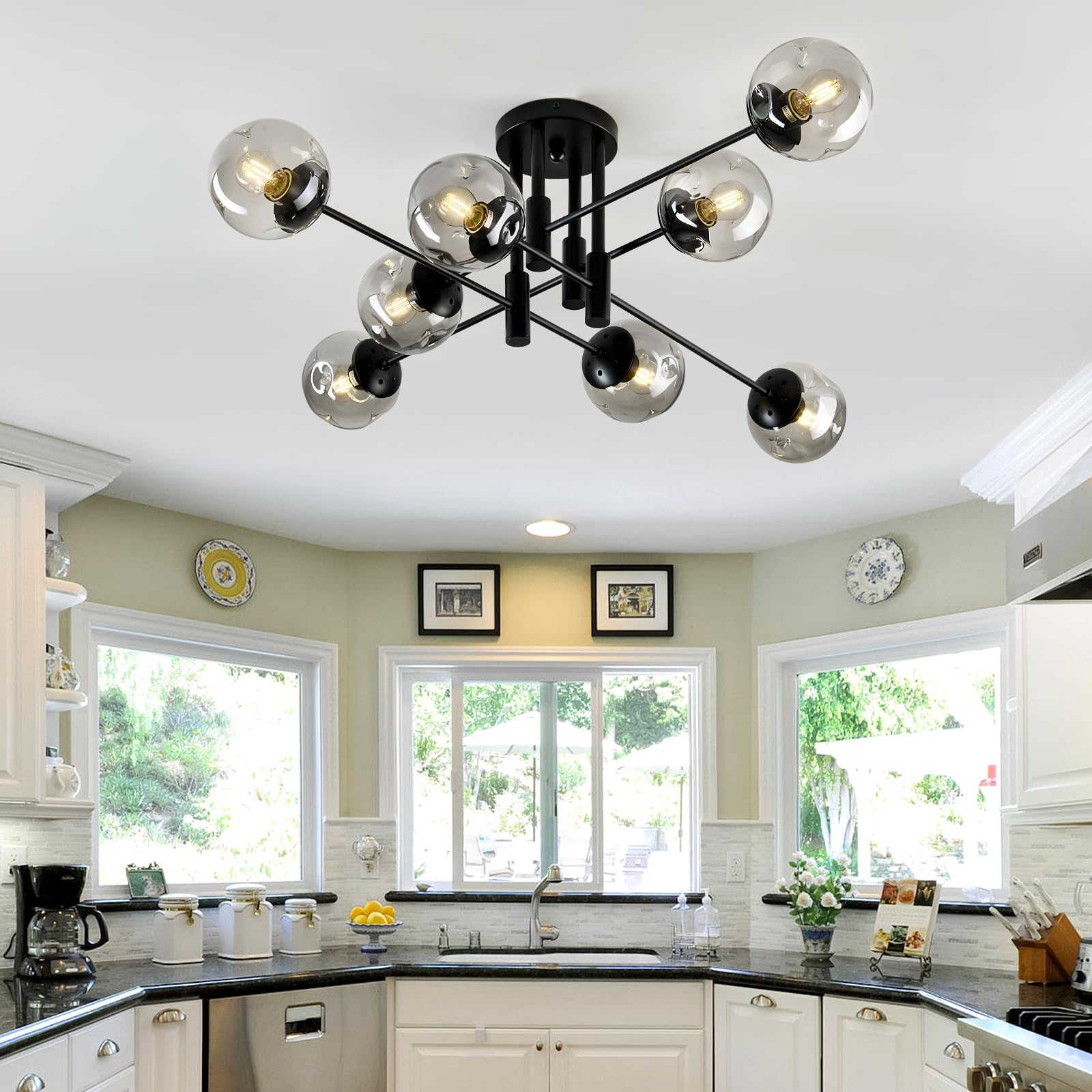 SZXYKEJI 8-Light Black Iron Glass Globe Ceiling Light Fixture, Mid Century Flush Mount Chandelier for Living Room, Dining Room, Kitchen