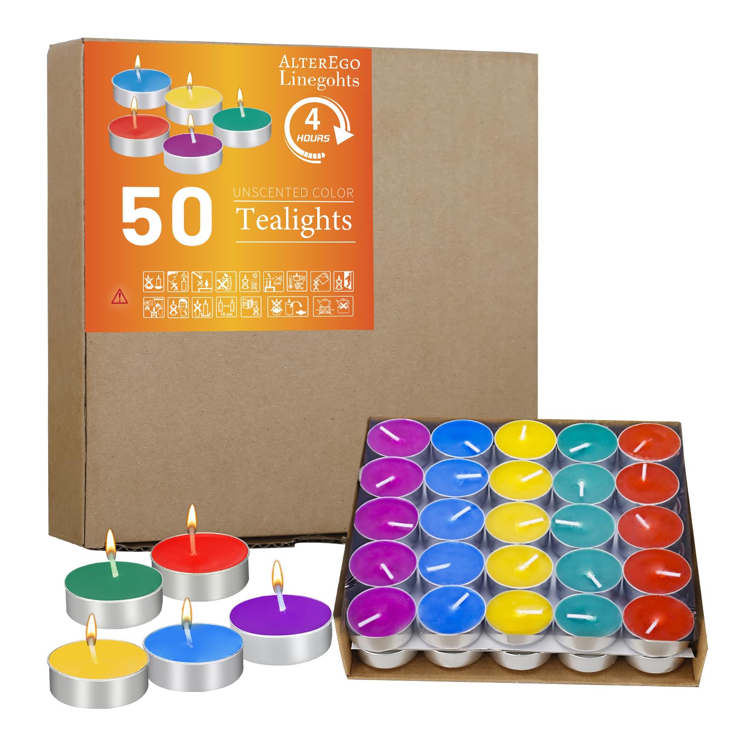 Linegohts 50pcs Unscented Tealight Candles - 4H Burn Time, Clean-Burning Palm Wax, Assorted Colors for Home & Events