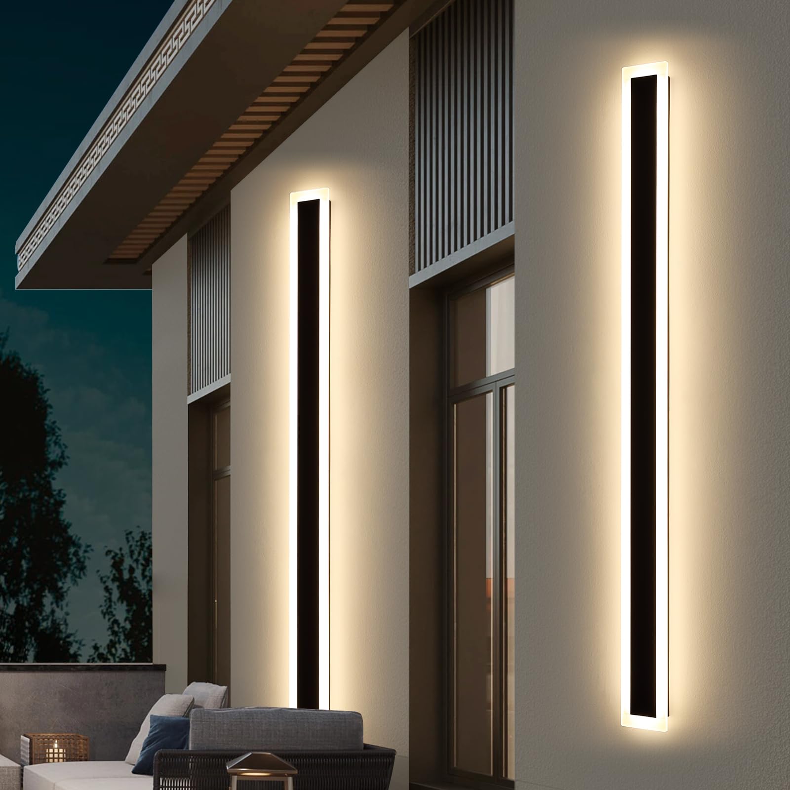 Upgrade Widened 2 Pack Modern Outdoor Wall Light, 71inch Minimalist LED Wall Sconce, 3 Color 3000K/4500K/6000K, 60W, IP65 Waterp