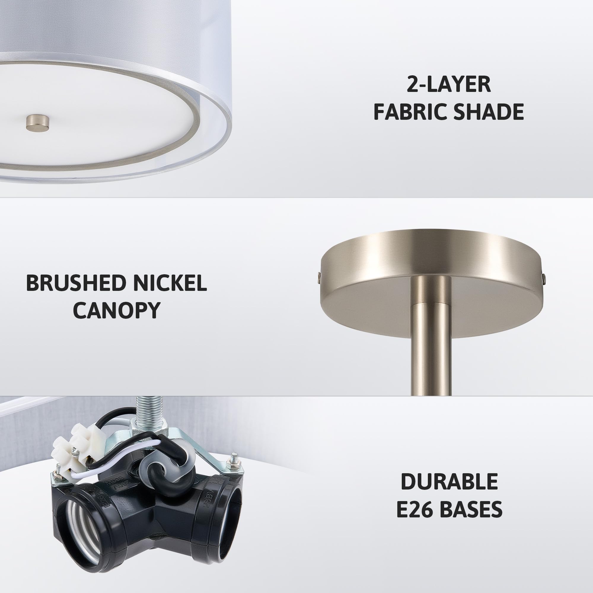 Vonluce Semi Flush Mount Ceiling Light, 13'' Ceiling Light Fixture With 2-Layer Fabric Shade, 3-Light Modern Drum Light Fixture