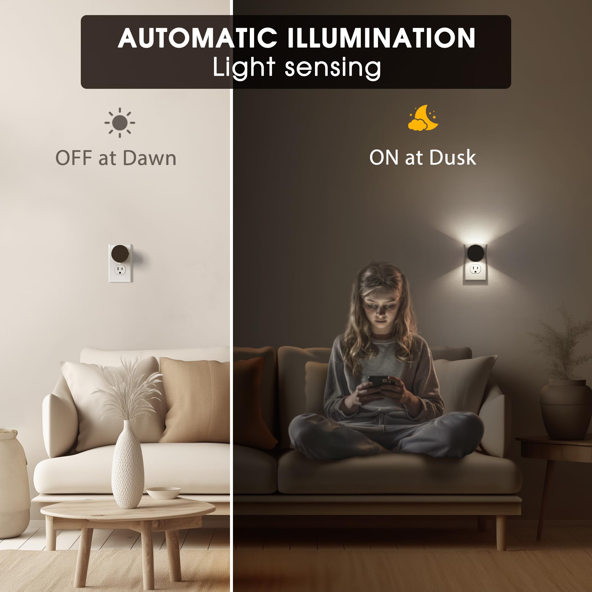 Briignite Night Lights Plug into Wall, Dusk to Dawn Sensor, Brightness Adjustable, 5000K Daylight White, 2 Pack, White - Black Shade