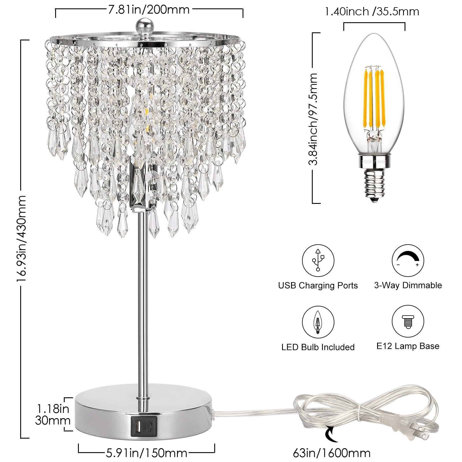 Seaside Village Touch Control Crystal Table Lamp, 3-Way Dimmable, USB Ports, Silver, Model 13047, B11 LED Bulb Included