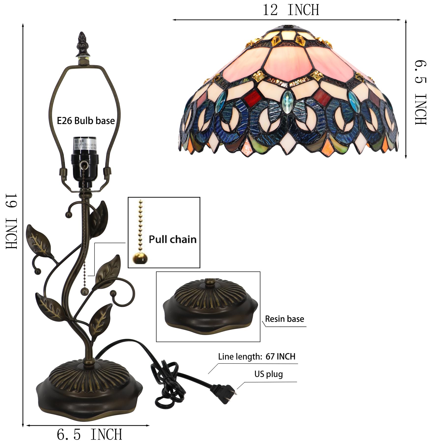 Lxhcyou Tiffany Table Lamp, Pink Stained Glass Desk Light, W12H19 Inch, Metal Leaf Base (Pink Baroque Style)