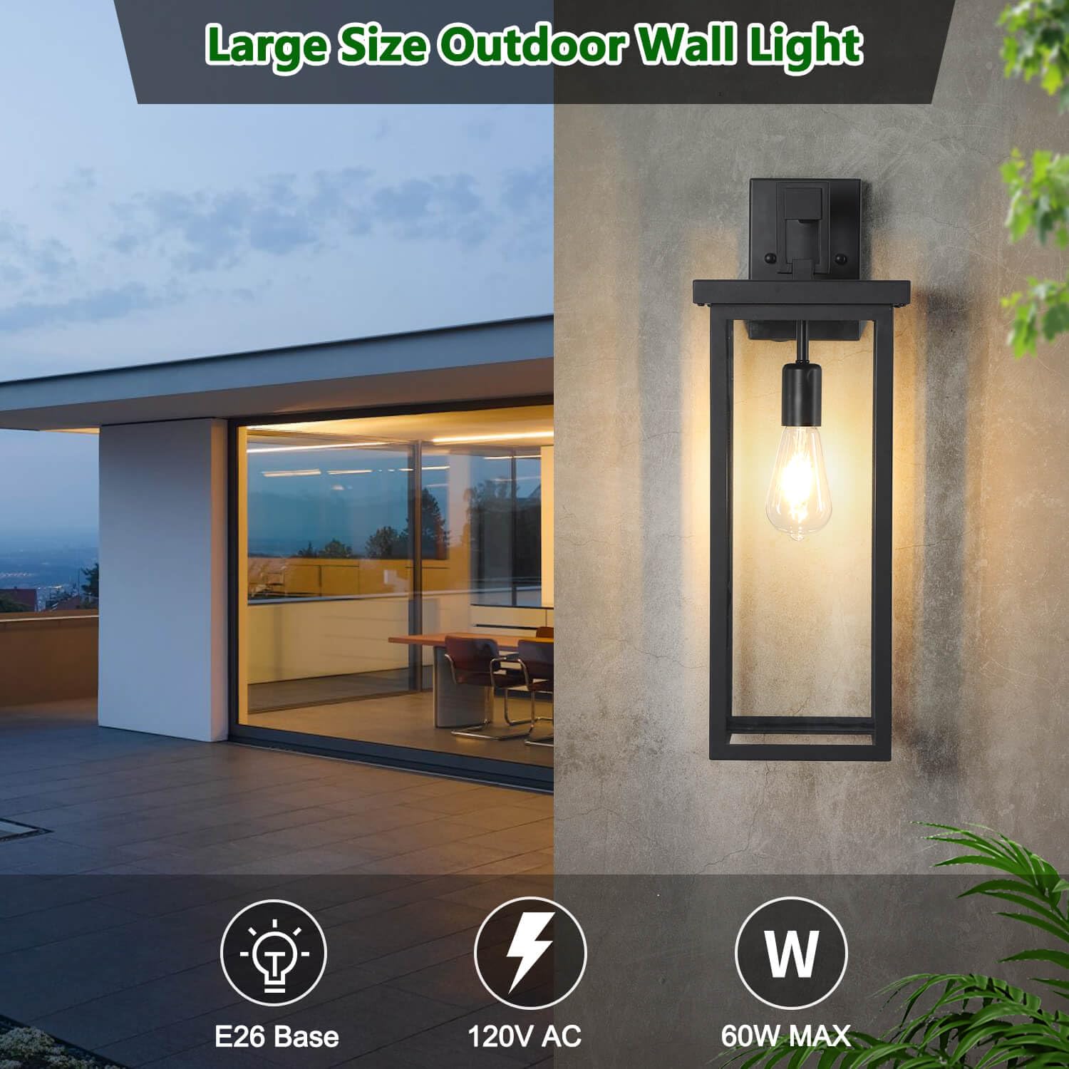 tewei 2 Pack Outdoor Wall Lantern, 20" Matte Black Waterproof Light Fixture, E26 Base, Clear Glass Shade