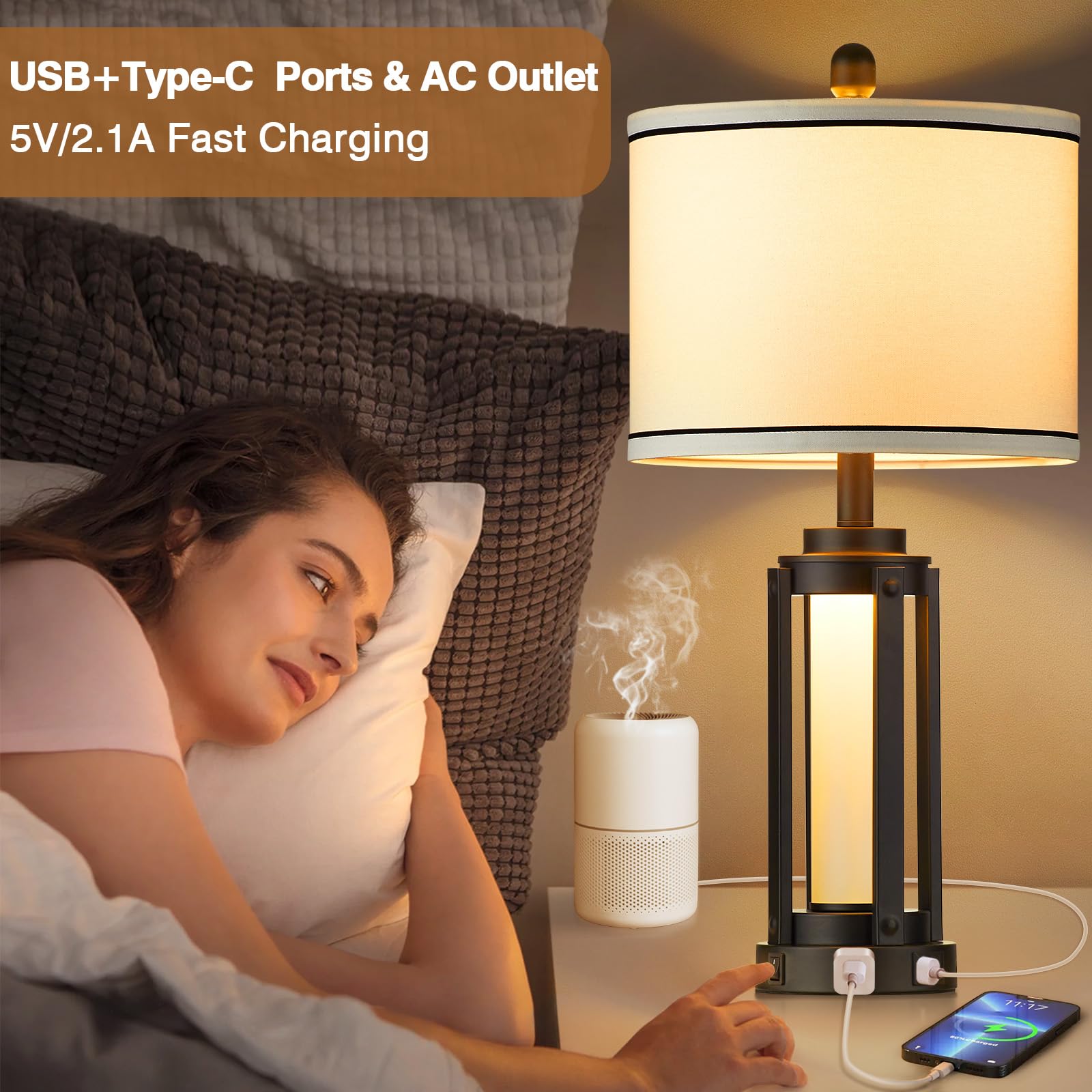 26'' Modern Table Lamp With Usb A+C Charging Ports & Ac Outlet, Industrial Beside Contemporary Lamp Glass Led Night Light For Li