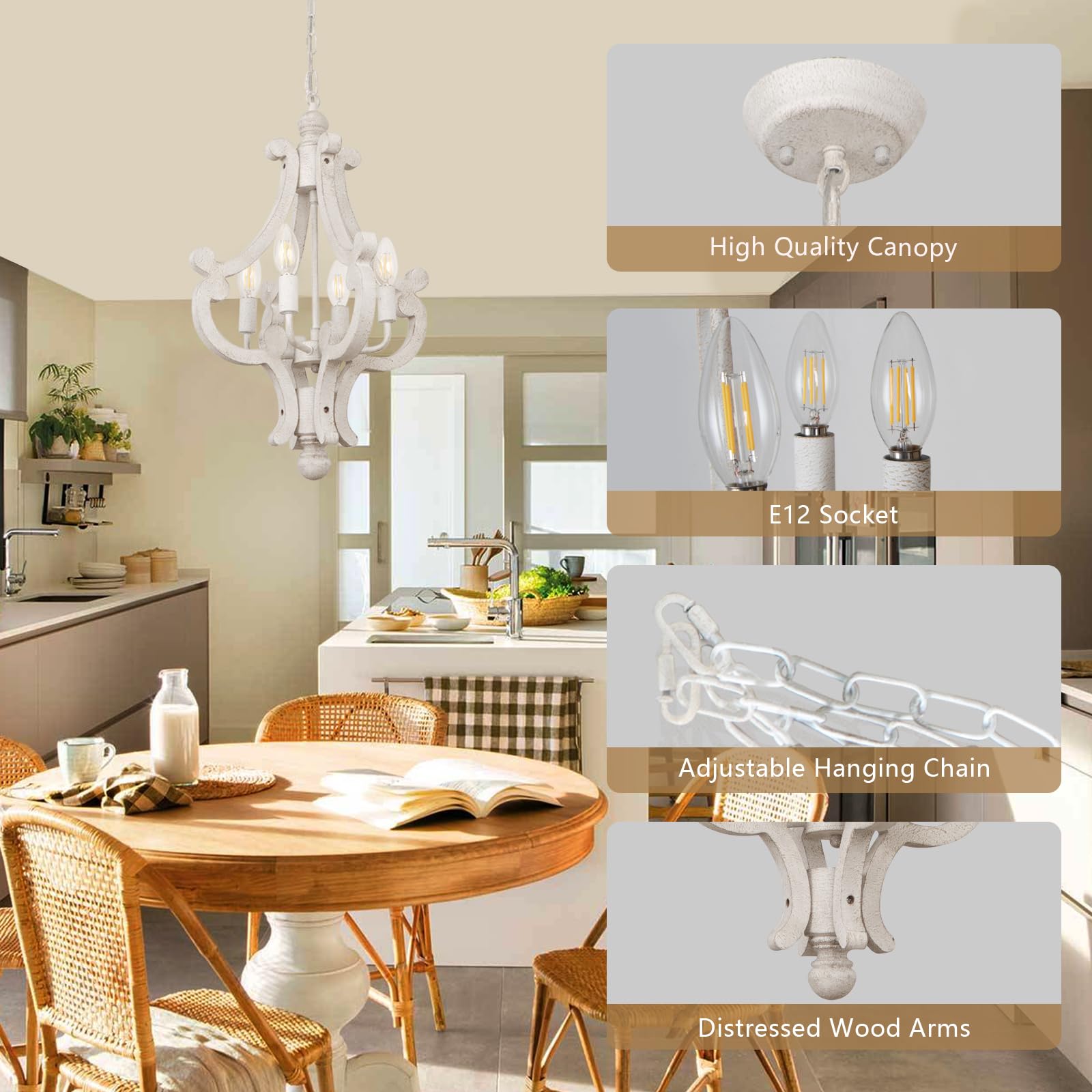 KMaiPem 4-Light French Country Chandelier, Rustic Distressed White Wood Fixture for Dining Room, Model 5030004