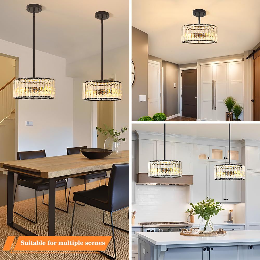 Black 3 Light Crystal Chandelier  Modern Dining Room Light Fixture Over Table  Round Kitchen Lighting Fixture  Farmhouse Semi Flush Mount Ceiling Pendant Light For Living Room Bedroom Hallway Entryway