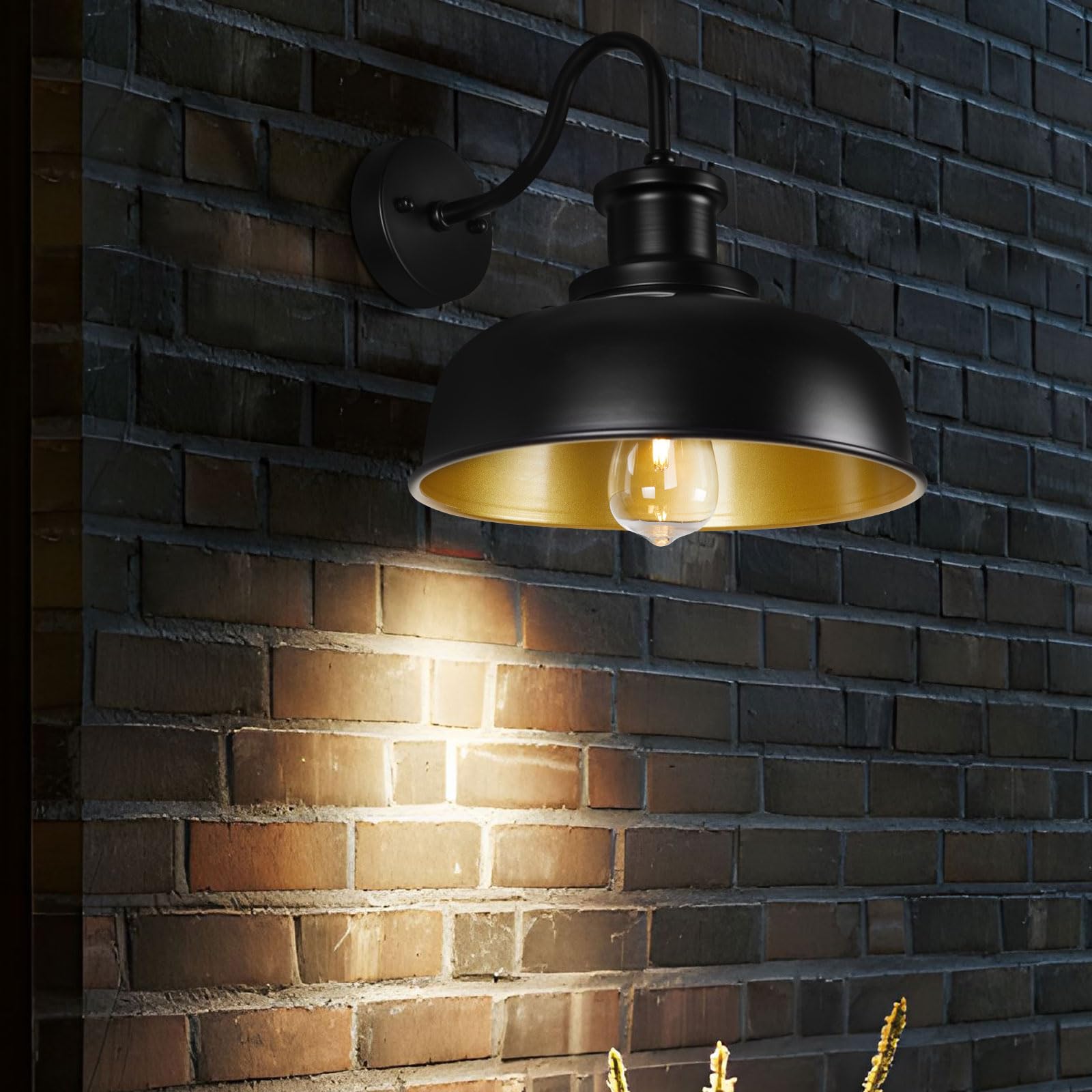 Diyel Solar Barn Light - Gooseneck Outdoor Wall Sconce, Black+Gold, Metal, 1 Pack, Model RZSR007 BK