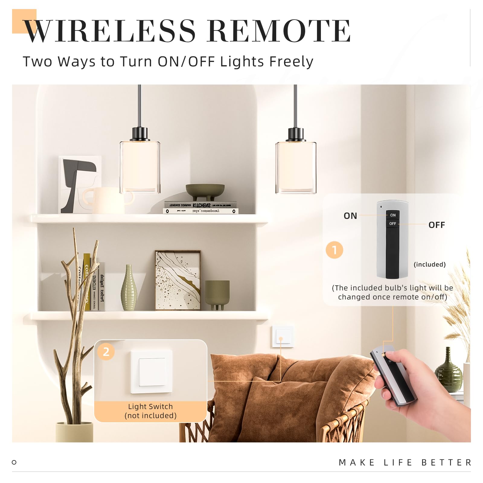 Pendant Light Kitchen Island Lighting, Height Adjuatable Rod Clear Dual Glass - With 3 Color Temperatures Bulb & Remote Control,