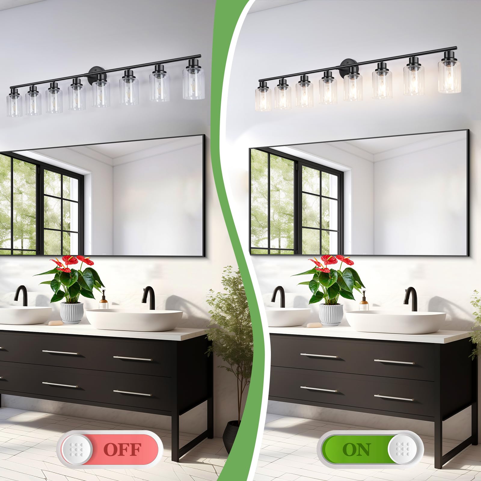 Guliaofo 8-Light Bathroom Vanity Light Fixture, Matte Black, Clear Glass Shade, Modern Design
