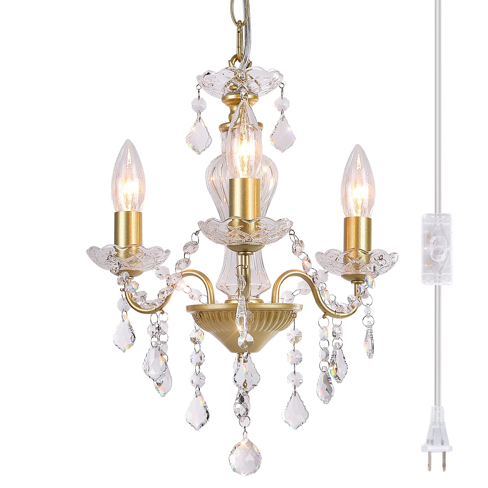 Chanlited Plug in Modern 3-Light Gold Chandelier with Glass Crystals, Candle Style Pendant Light Fixtures for Living Room, Girls