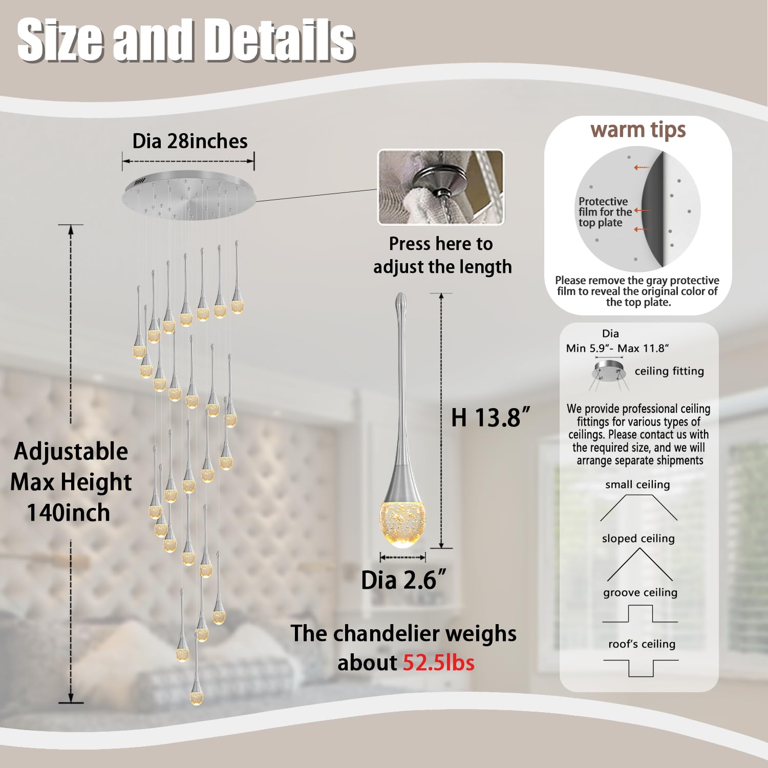ykolupty Large Crystal Chandelier 138" K9 Raindrop Light 26-Lights Silver Model TP0038-26Y Dimmable 2700-6000K for High Ce