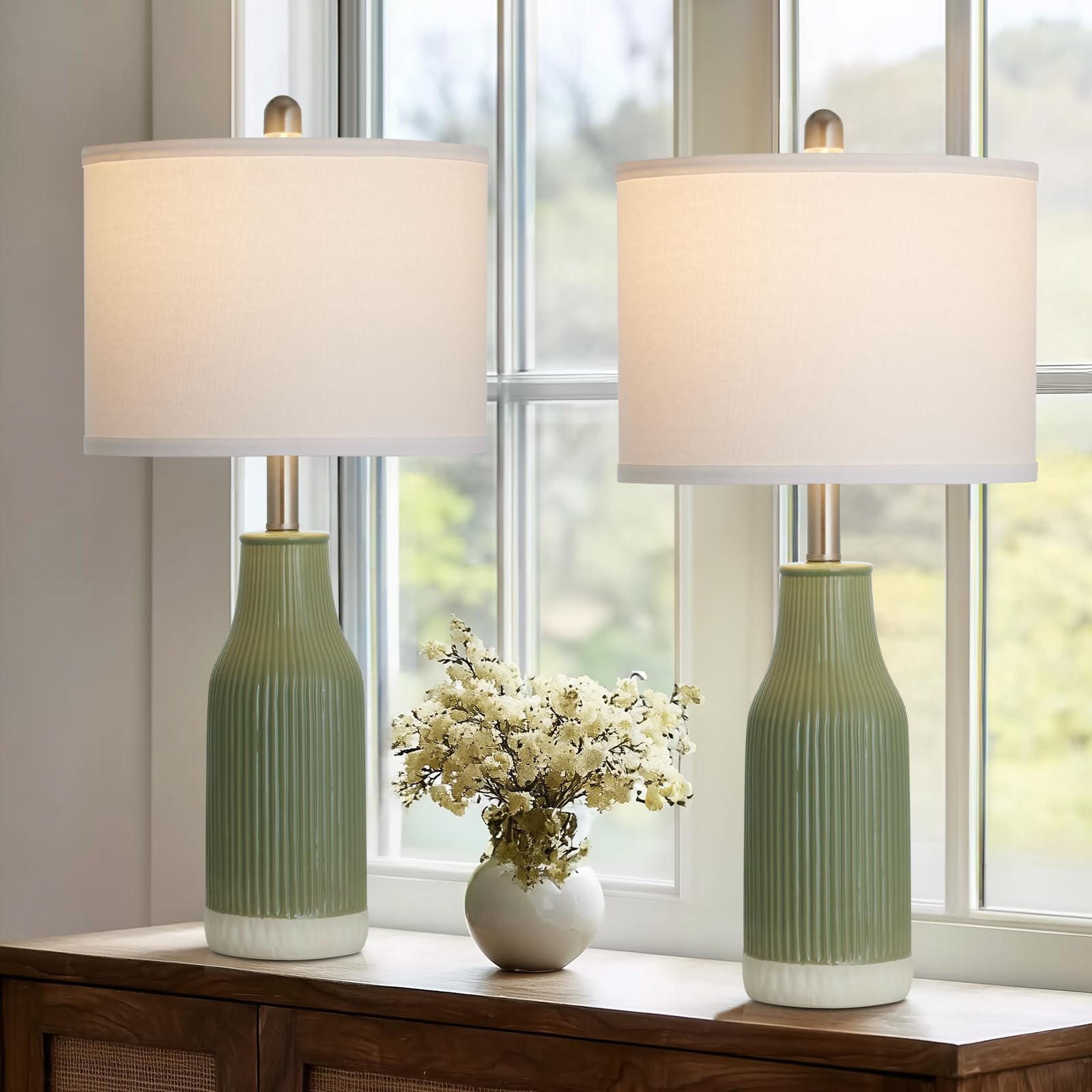 luxeflow 24.5 Ceramic Table Lamps Set of 2 for Bedroom, Sage Green Table Lamps for Living Room End Table, Small Farmhouse Bedsid