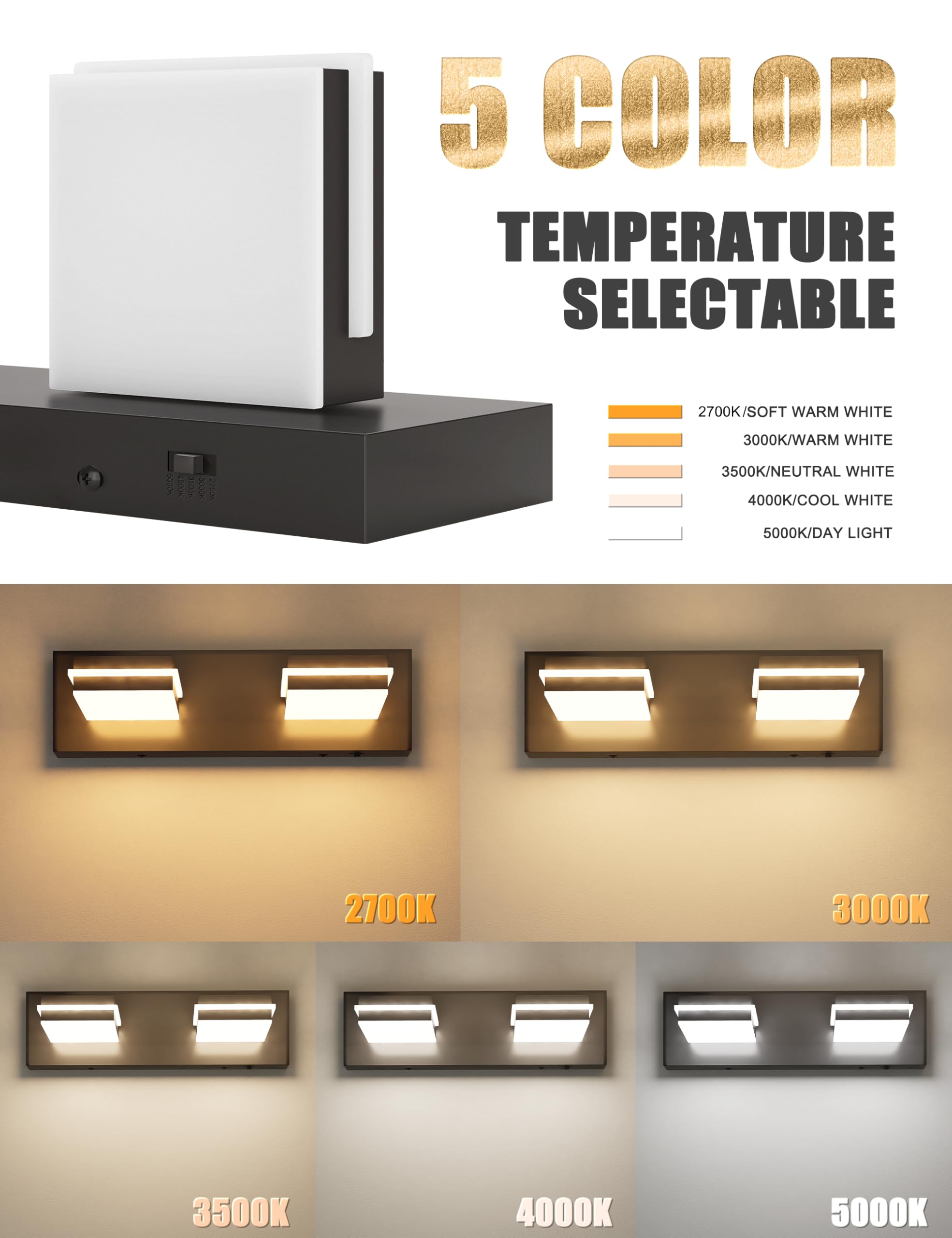 Volisun Modern Bathroom Vanity Light Fixtures (2-Light, 15.5-Inch), 5Cct Dimmable Bathroom Lighting Fixtures Over Mirror, 360Rot