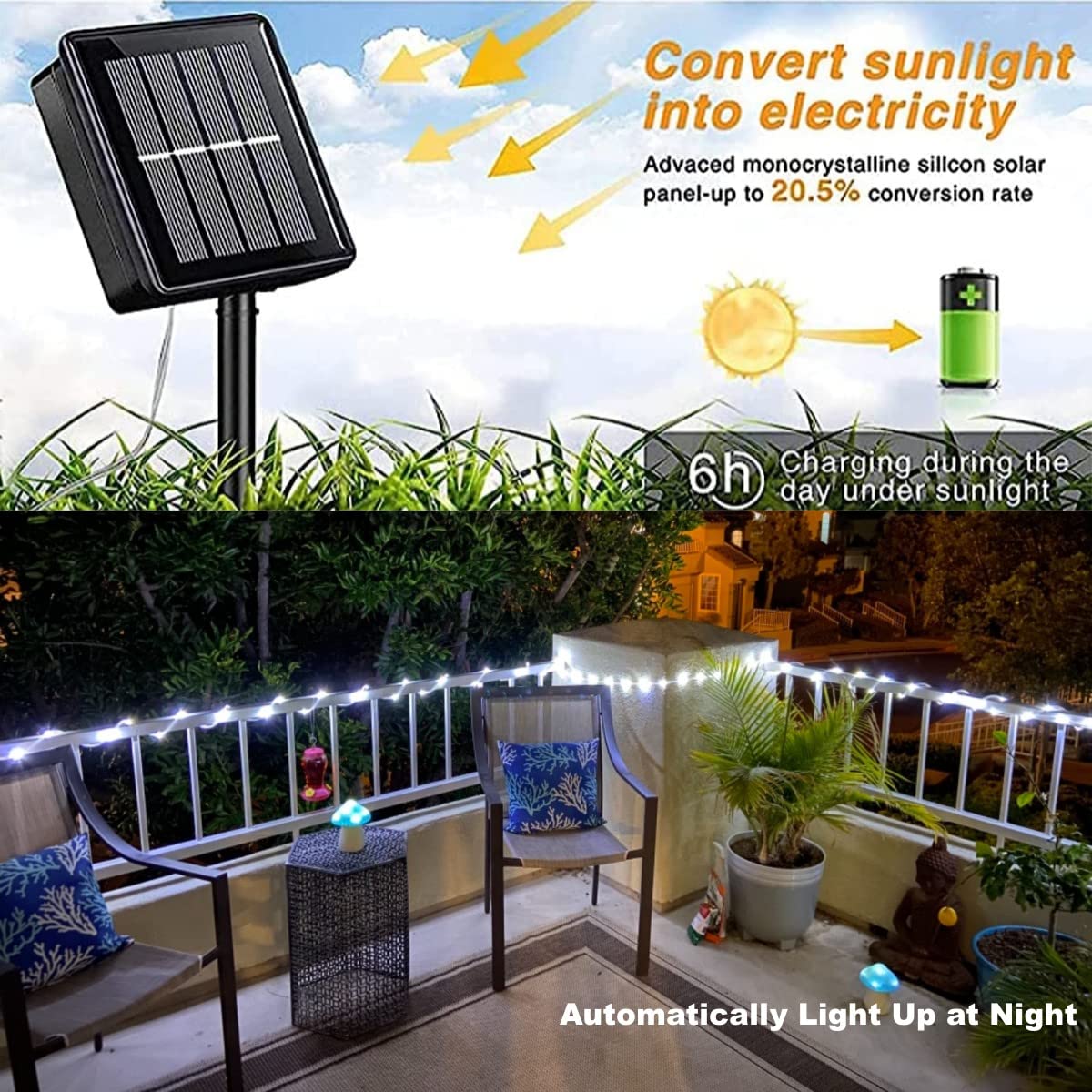 YEGUO 100 LED Solar Rope Lights, 33ft Waterproof White String Lights, 8 Modes for Outdoor Use, Perfect for Garden, Patio, and Camping