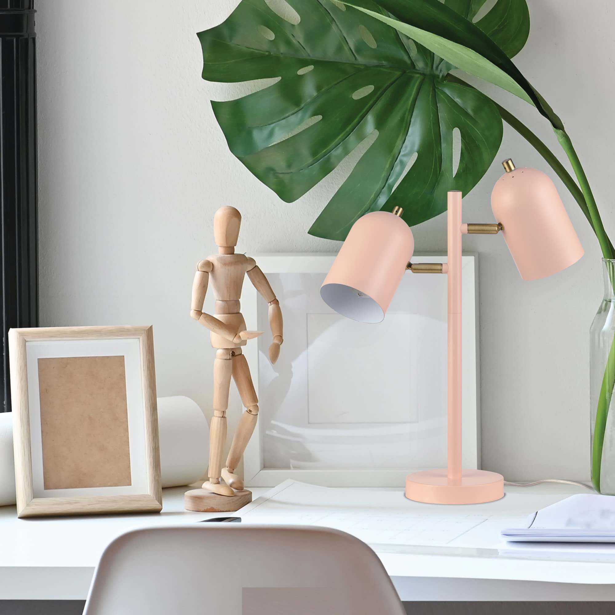 Globe Electric 30290 Carter 18'' 2-Light Desk Lamp, Matte Pink, Matte Brass Accents, 2.1A Usb Port, On/Off Rotary Switch On Each