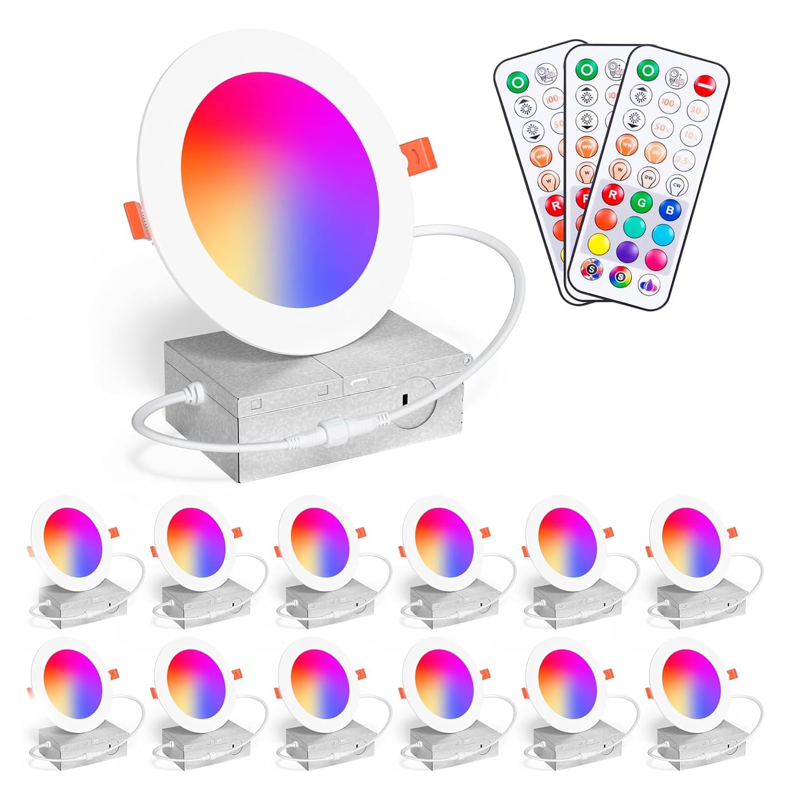 ChangM 4 Inch LED Recessed Lighting Downlights, 12W, RGBCW, Dimmable, Remote Control, 12 Pack, Model TD4C001, Aluminum