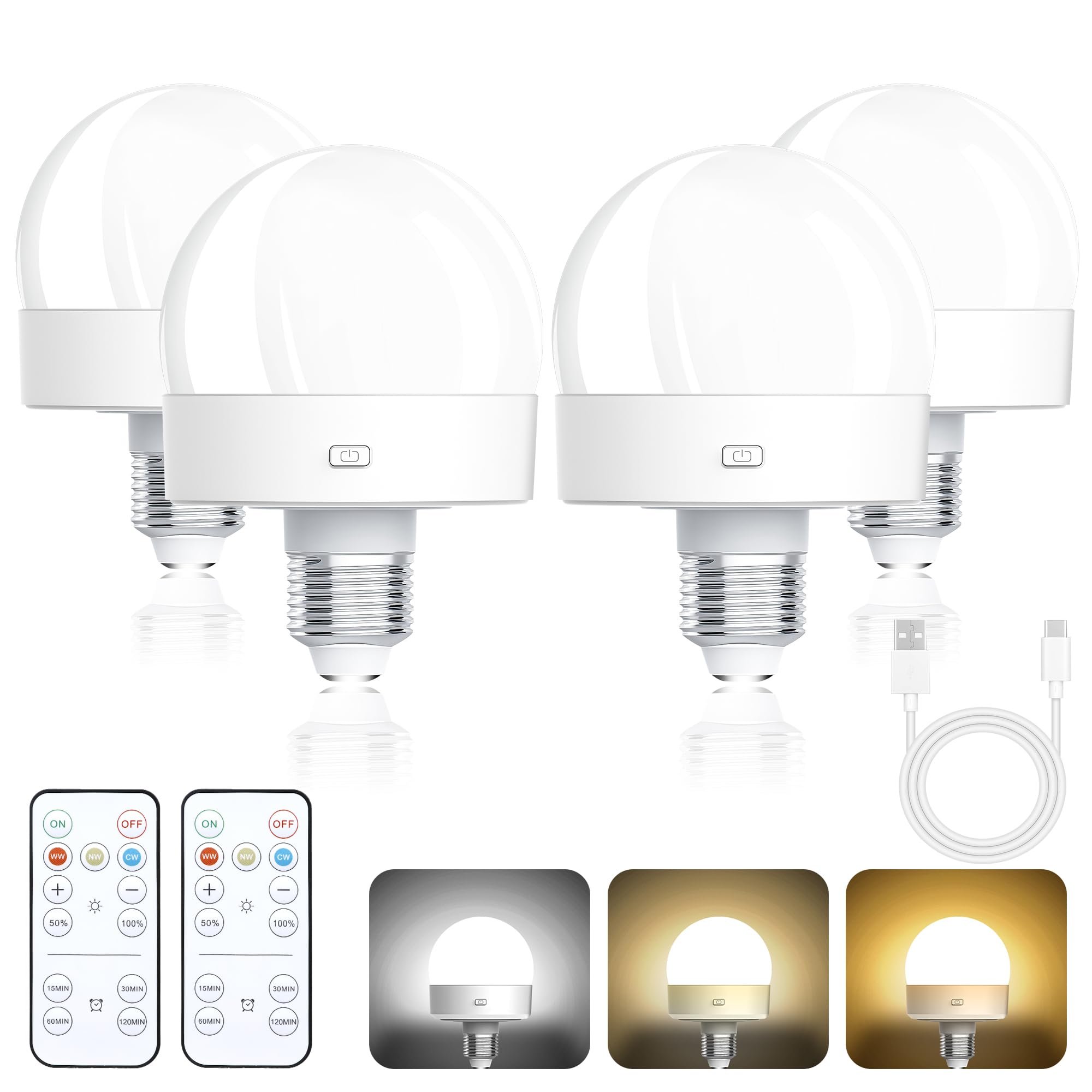 Rechargeable Battery Operated Light Bulbs, 300Lm E26 Socket (Magnetic Detachable) Light Bulb For Lamps With Remote Control Dimma
