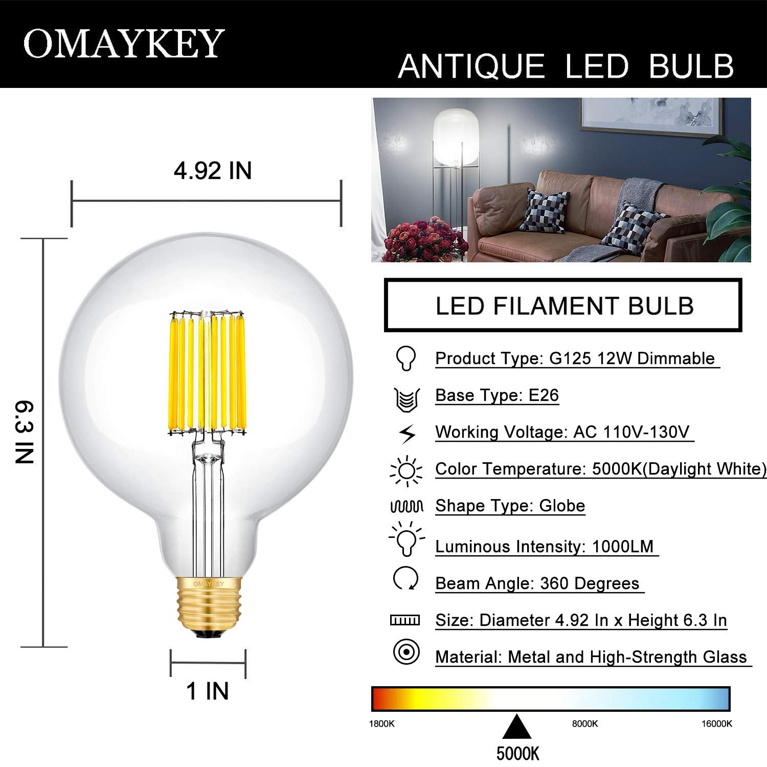 OMAYKEY 12W Dimmable LED Globe Bulb, 100W Equivalent, 1000 Lumens, Daylight White 5000K, Clear Glass Filament, E26 Base