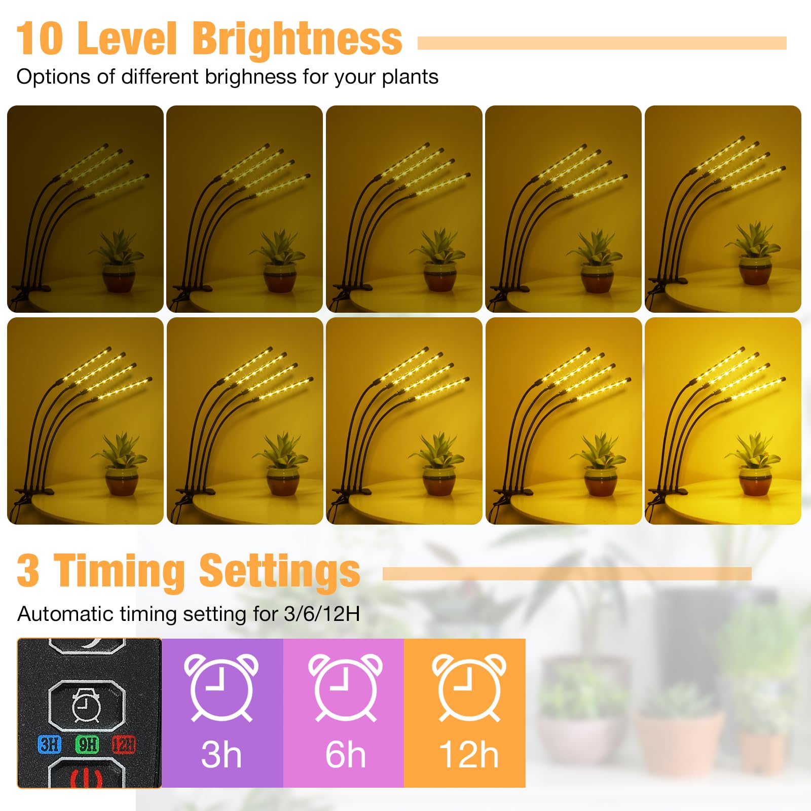 Widicoko LED Grow Lights - 4 Heads, Full Spectrum, 10-Level Dimmable, Auto On/Off, Timing 4/9/12 Hrs, Model lgl-4