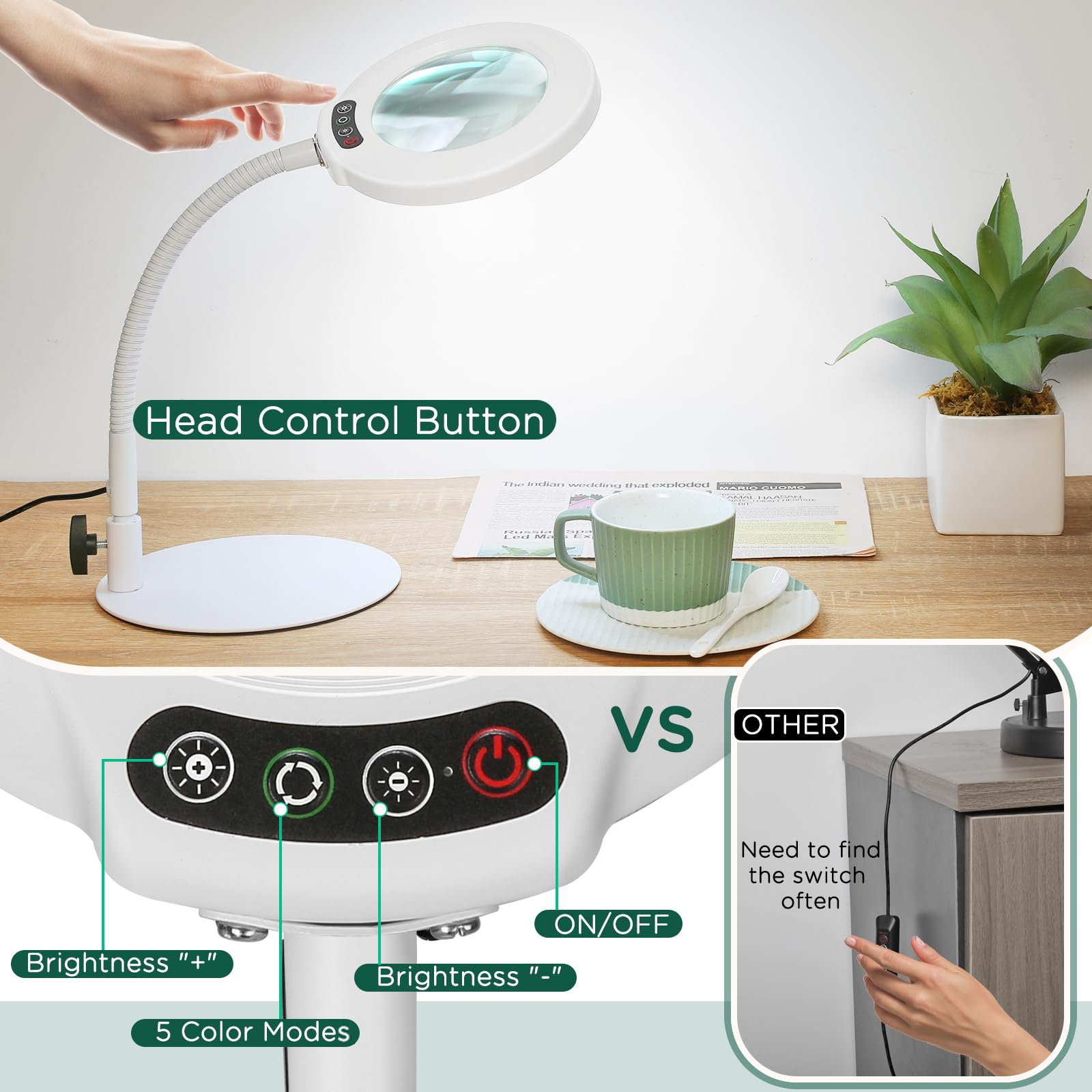 Drdefi 10X Magnifying Glass With Light And Stand, 5 Color Modes Stepless Dimmable Flexible Gooseneck Magnifying Desk Lamp, Led Lighted Magnifier Hands Free For Close Work Craft Reading Painting-White